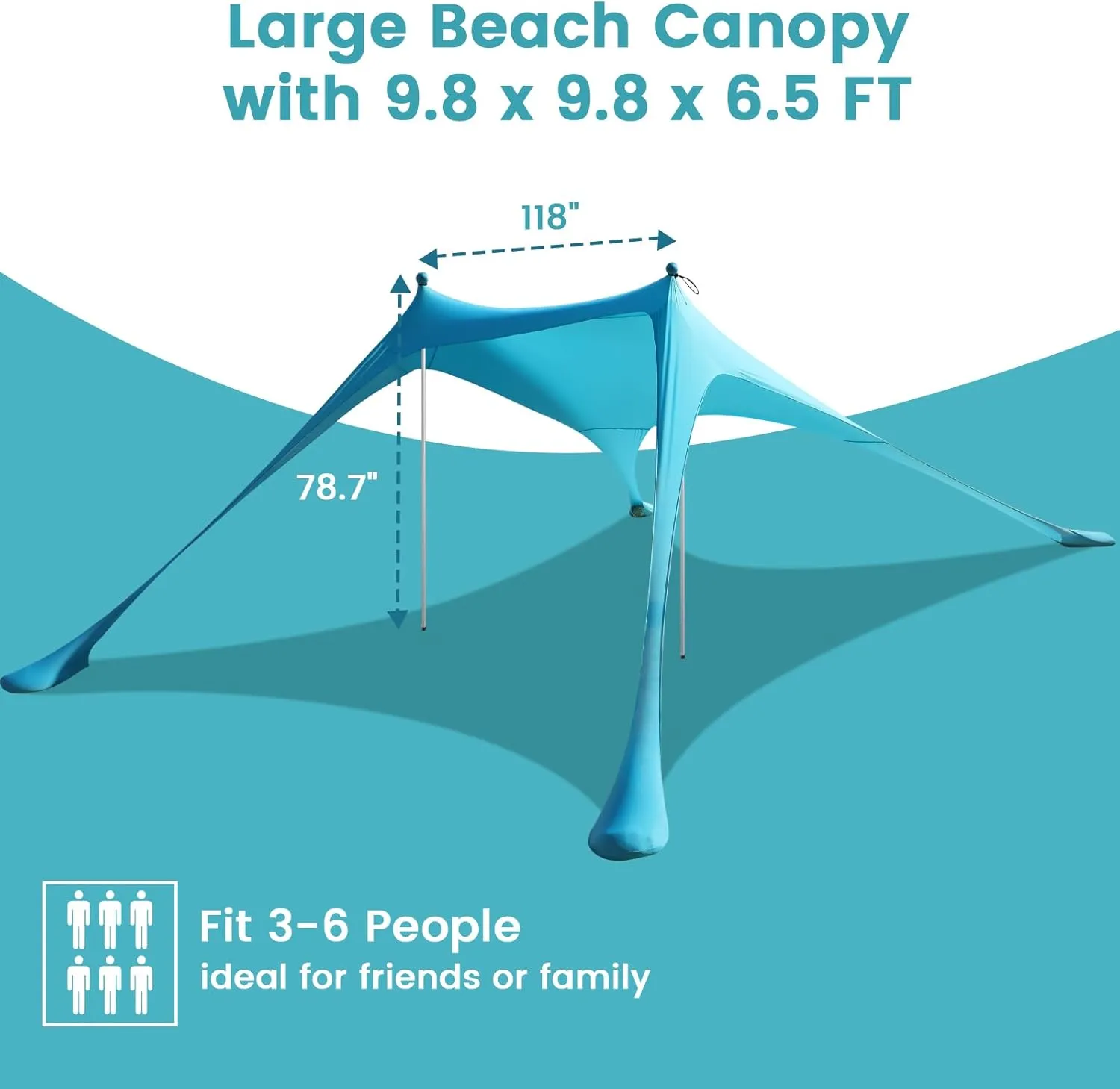 Beach Tent Sun Shelter - 9.8 x 6.5 Ft Beach Canopy UPF50  UV Protection with Sandbags, Poles, Grond Pegs and Anti-Wind Ropes for Camping, Fishing, Backyard and Picnics