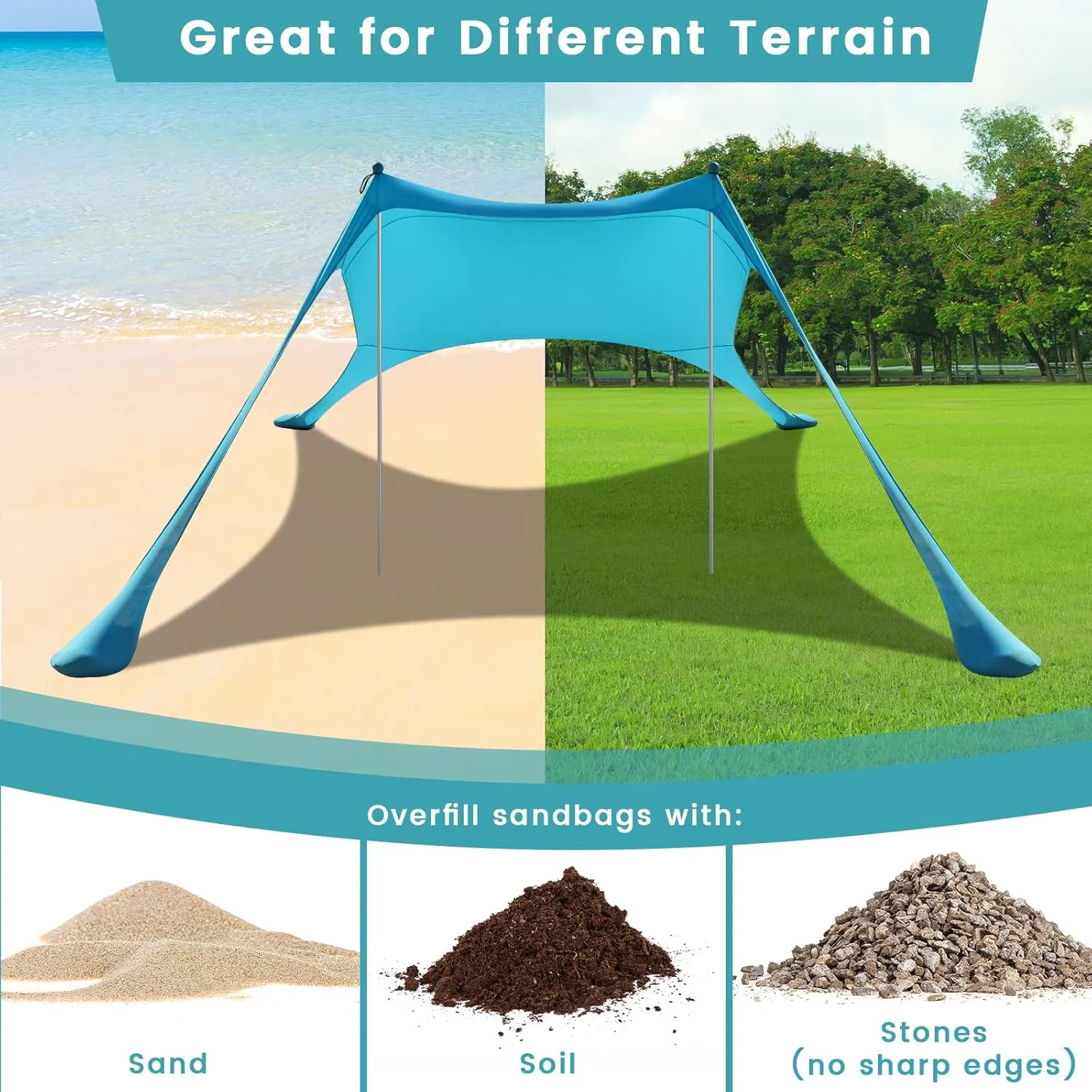 Beach Tent Sun Shelter - 9.8 x 6.5 Ft Beach Canopy UPF50  UV Protection with Sandbags, Poles, Grond Pegs and Anti-Wind Ropes for Camping, Fishing, Backyard and Picnics