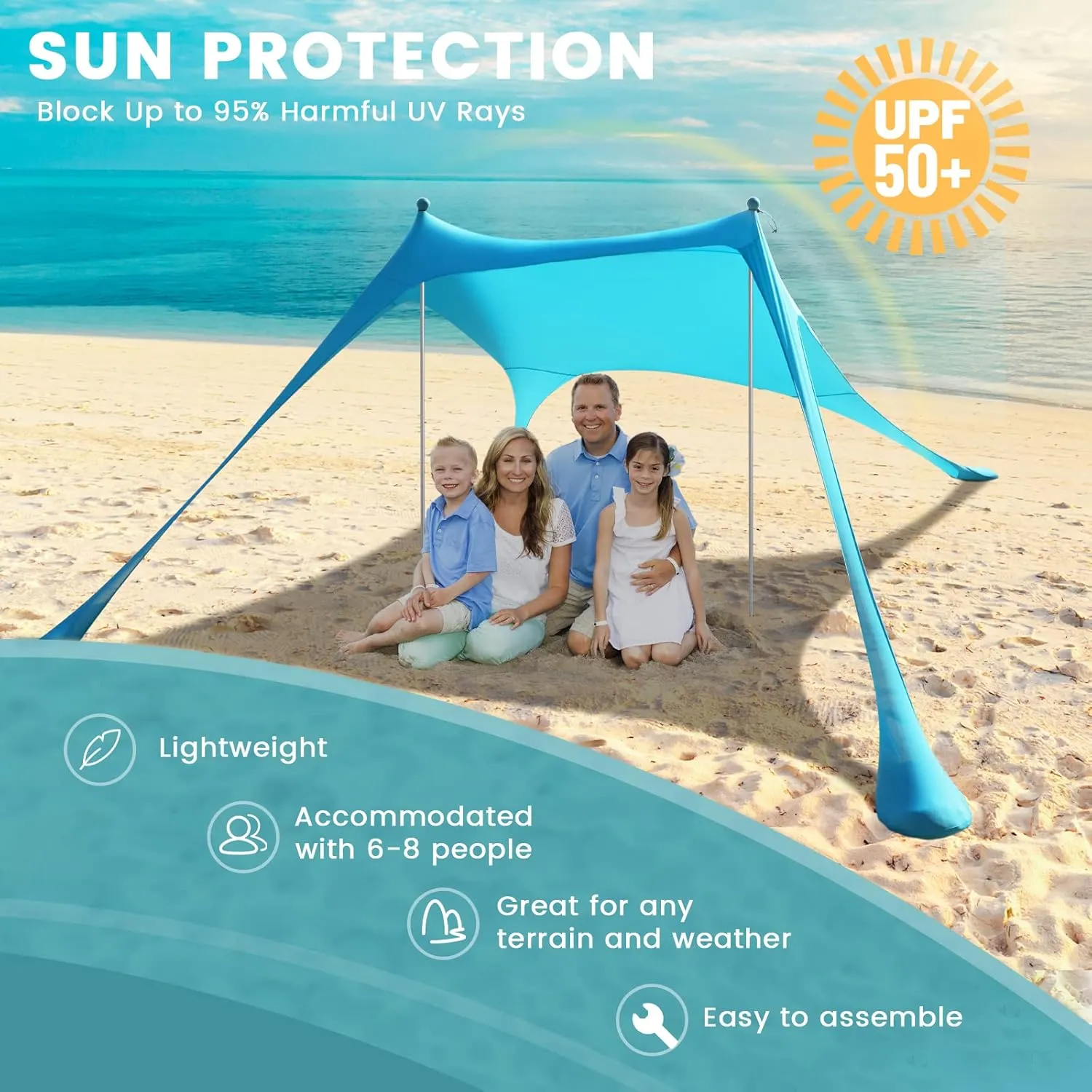 Beach Tent Sun Shelter - 9.8 x 6.5 Ft Beach Canopy UPF50  UV Protection with Sandbags, Poles, Grond Pegs and Anti-Wind Ropes for Camping, Fishing, Backyard and Picnics