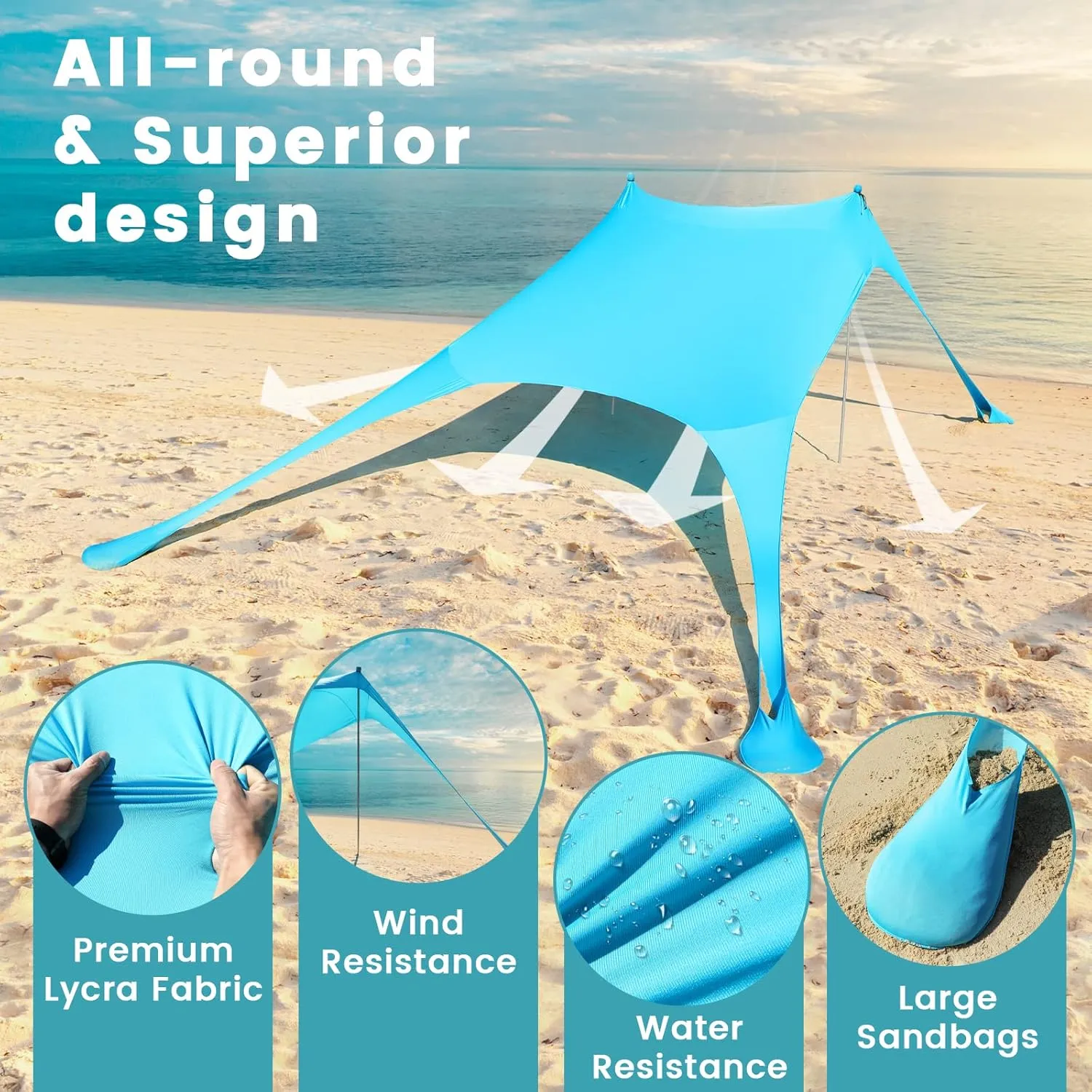 Beach Tent Sun Shelter - 9.8 x 6.5 Ft Beach Canopy UPF50  UV Protection with Sandbags, Poles, Grond Pegs and Anti-Wind Ropes for Camping, Fishing, Backyard and Picnics