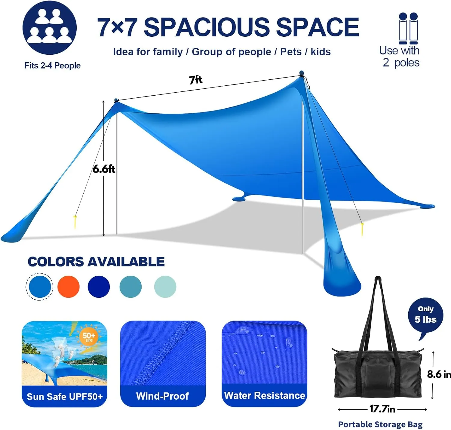 Beach Tent Sun Shelter UPF50  7x7 FT Windproof Pop Up Canopy Shade with Sand Shovel Carrying Bag, Portable Lightweight Outdoor Family Sunshade for Camping Trips Backyard Fishing Picnics
