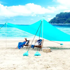Beach Tent Sun Shelter UPF50 , Portable Beach Shade Canopy Windproof, Beach Sun Shade with 2 Pole and 6 Sandbags for Family Vacation Beach Camping Fishing Picnics Park(7×7FT)