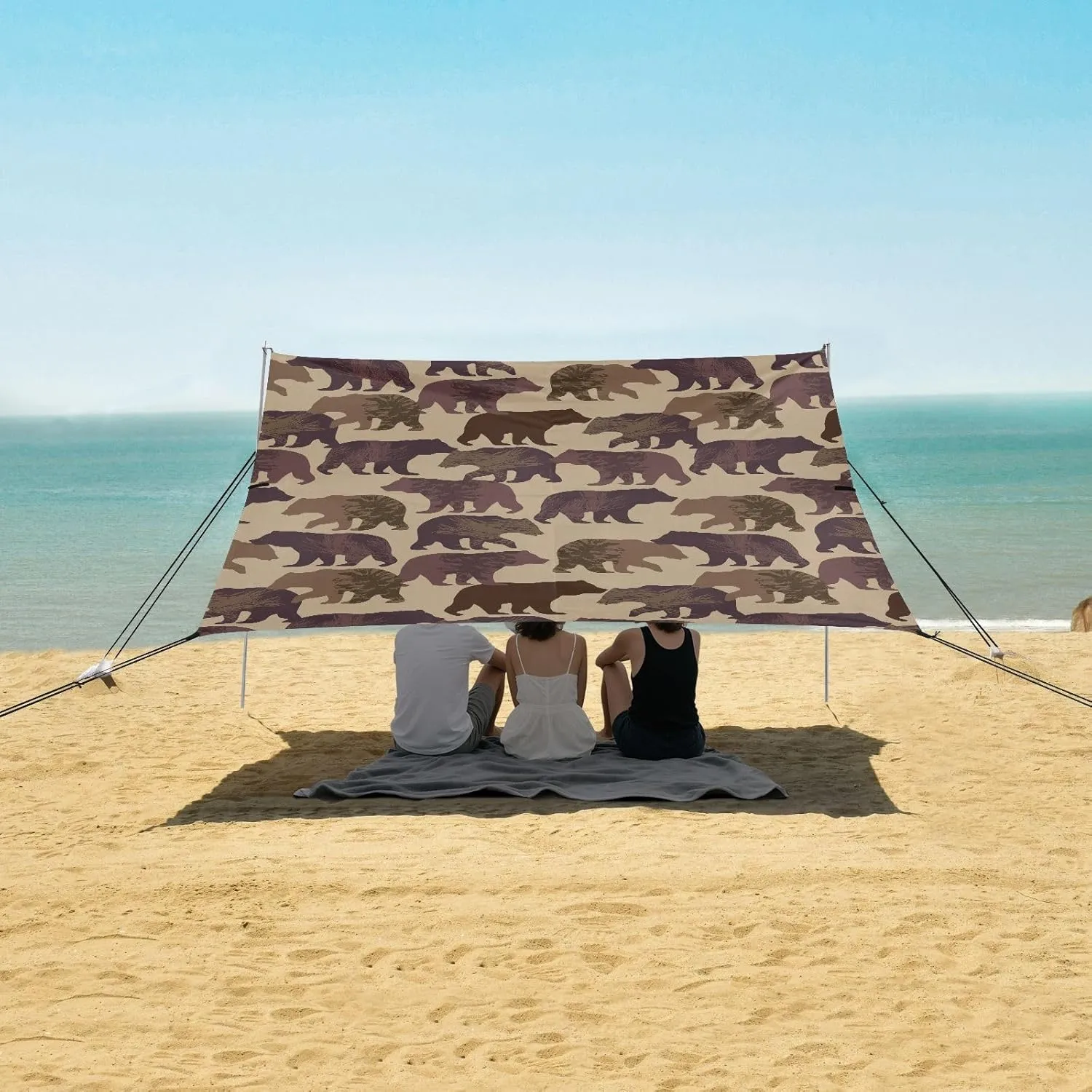 Bear Brown Animal Beach Canopy Tent Anti-UV & Wind Resistant, Camping Sun Shelter Easy Setup Portable,Outdoor Shade Tents with Sandbags,Sand Shovels,Ground Pegs & Stability Poles