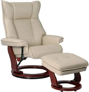 Benchmaster Morgan Stucco Swivel Faux Leather Recliner with Ottoman Chair Modern Armchair Ergonomic Push Manual Reclining Footrest Upholstered for Bedroom Living Room Reading Home Relax Office