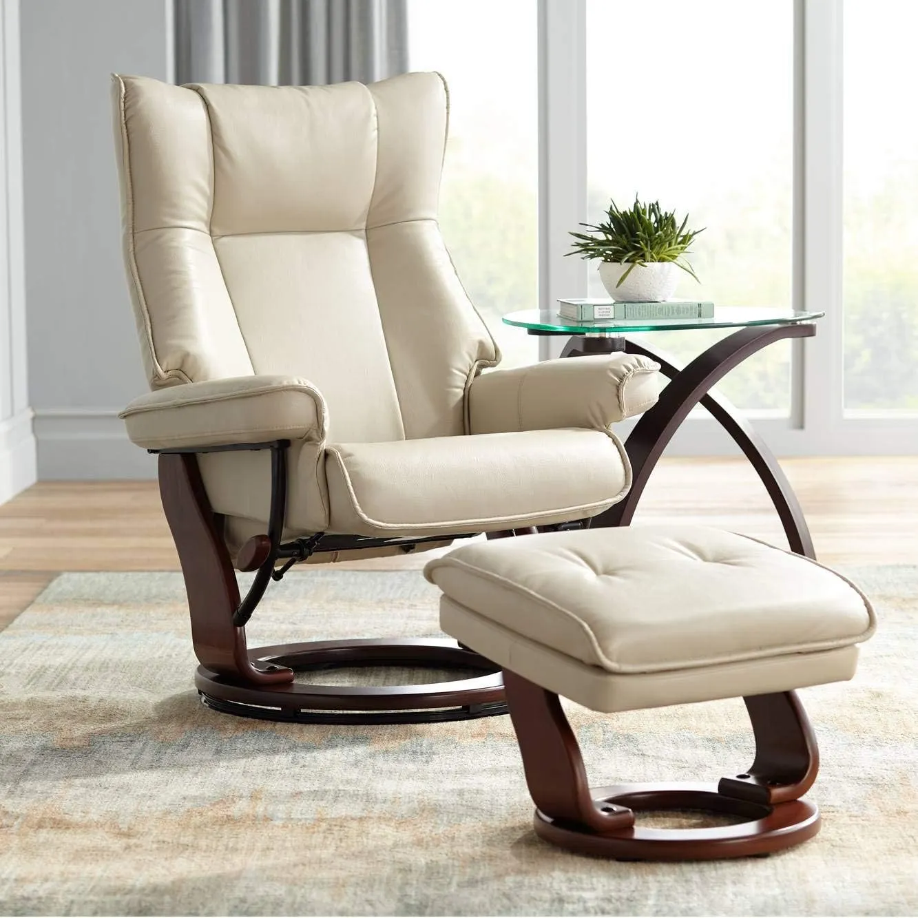 Benchmaster Morgan Stucco Swivel Faux Leather Recliner with Ottoman Chair Modern Armchair Ergonomic Push Manual Reclining Footrest Upholstered for Bedroom Living Room Reading Home Relax Office