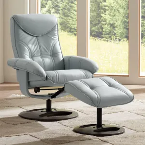 BenchMaster Newport Sky Blue Faux Leather Recliner Chair Modern with Ottoman Footrest Ergonomic Manual Reclining Swivel for Bedroom Living Room Reading Home Relax Den Office Entryway