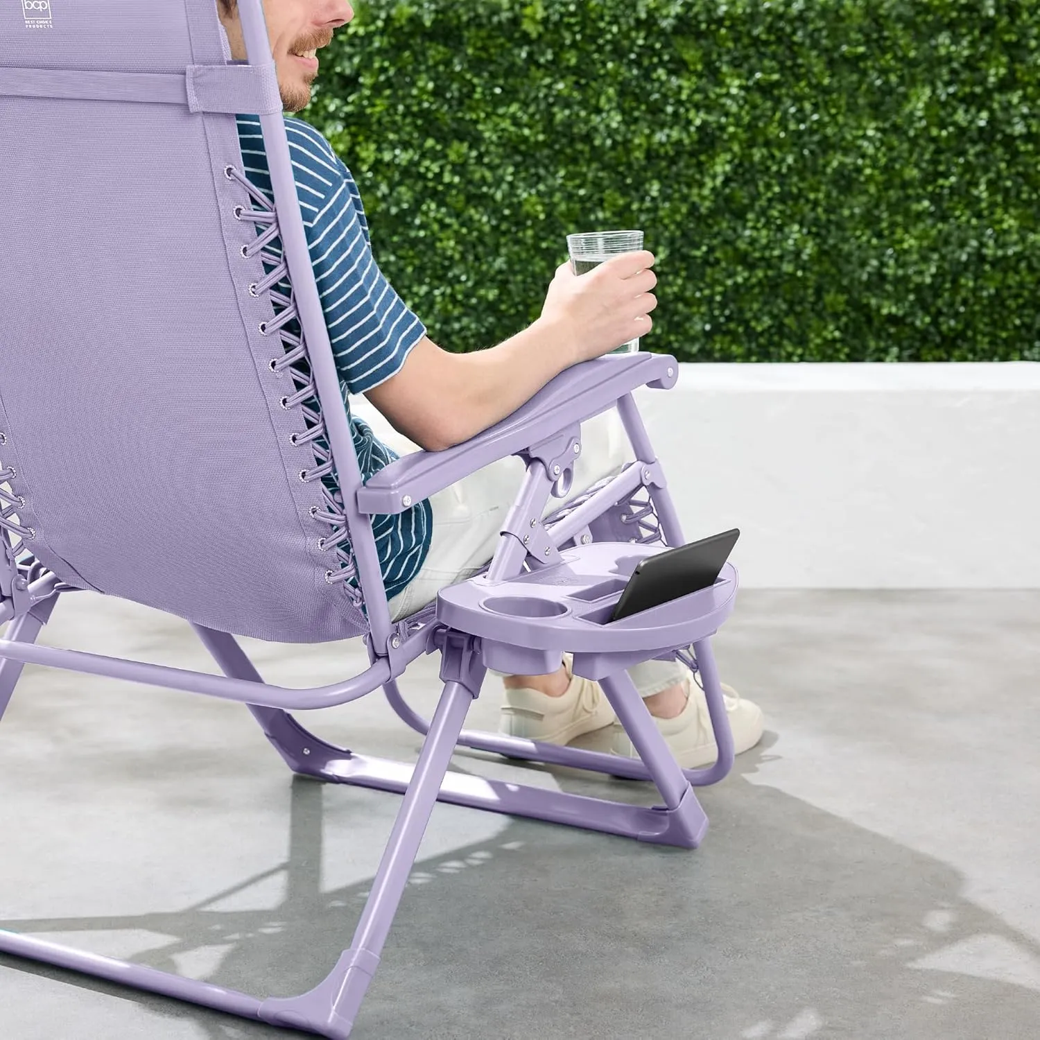 Best Choice Products Adjustable Zero Gravity Chair, Monochromatic Color Folding Patio Recliner w/Side Tray, Headrest - Lavender