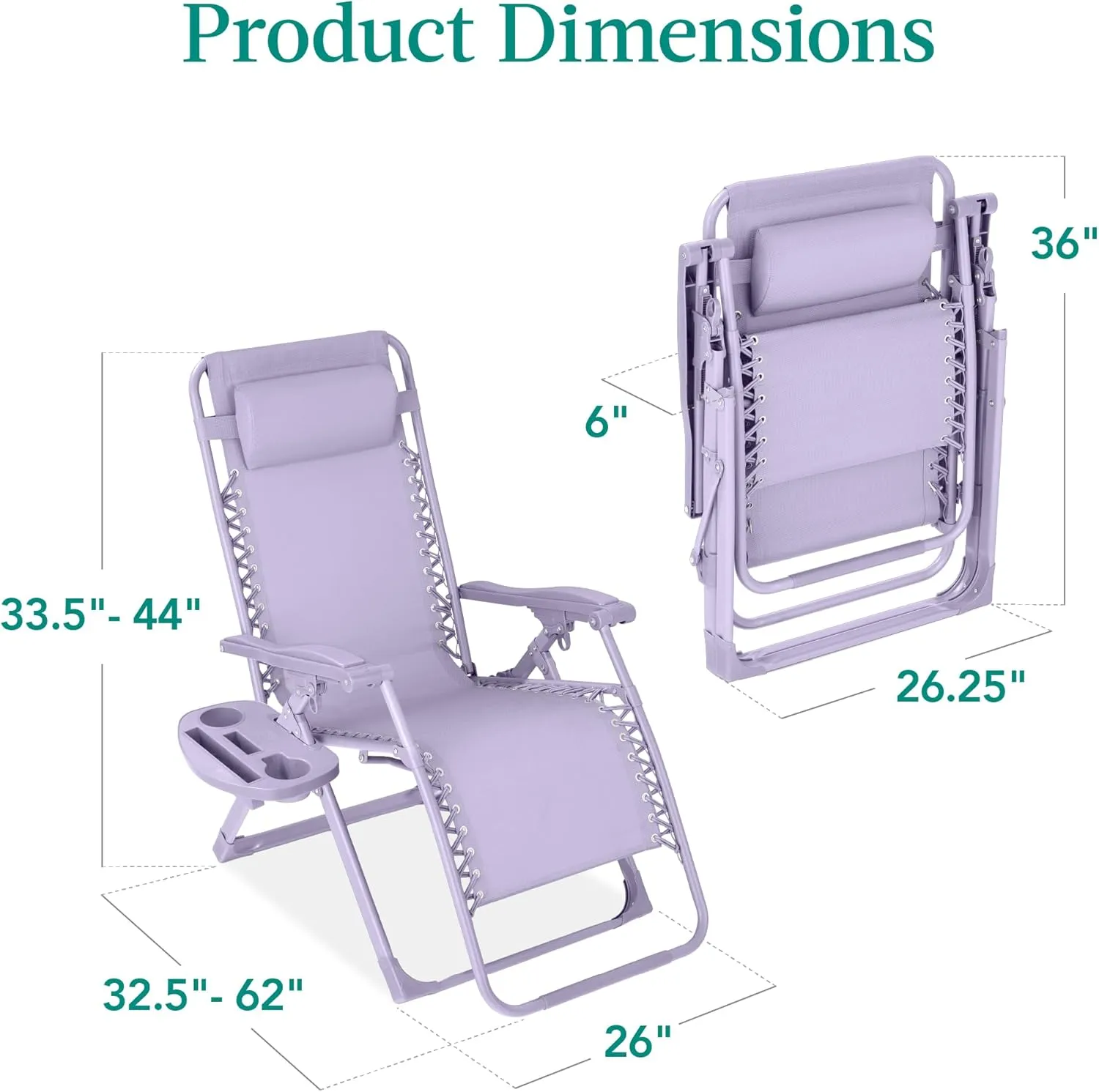 Best Choice Products Adjustable Zero Gravity Chair, Monochromatic Color Folding Patio Recliner w/Side Tray, Headrest - Lavender
