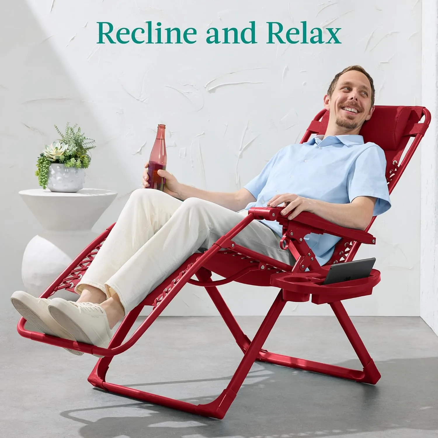 Best Choice Products Adjustable Zero Gravity Chair, Monochromatic Color Folding Patio Recliner w/Side Tray, Headrest - Ruby