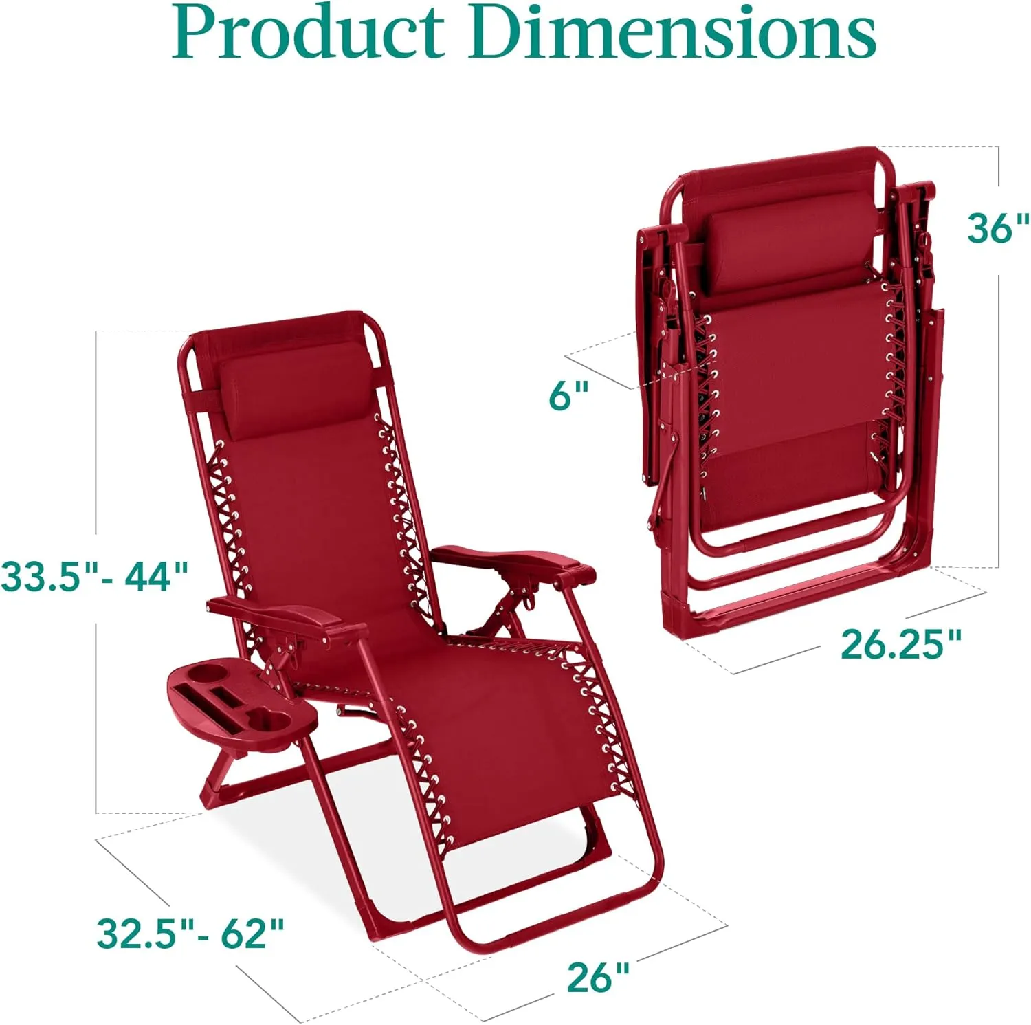 Best Choice Products Adjustable Zero Gravity Chair, Monochromatic Color Folding Patio Recliner w/Side Tray, Headrest - Ruby