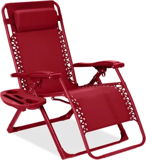 Best Choice Products Adjustable Zero Gravity Chair, Monochromatic Color Folding Patio Recliner w/Side Tray, Headrest - Ruby