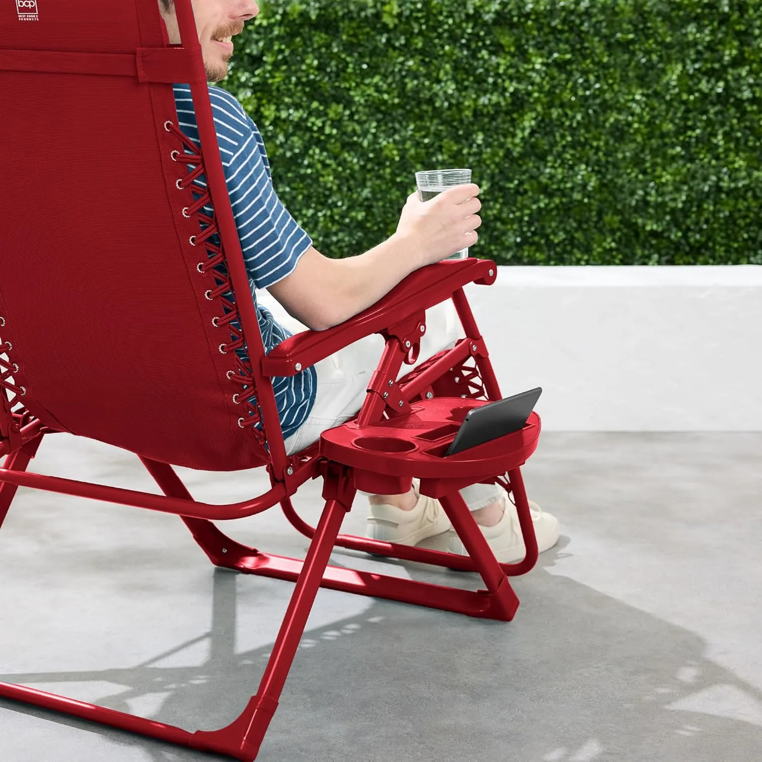 Best Choice Products Adjustable Zero Gravity Chair, Monochromatic Color Folding Patio Recliner w/Side Tray, Headrest - Ruby