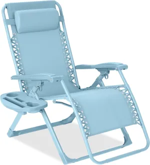 Best Choice Products Adjustable Zero Gravity Chair, Monochromatic Color Folding Patio Recliner w/Side Tray, Headrest - Sky