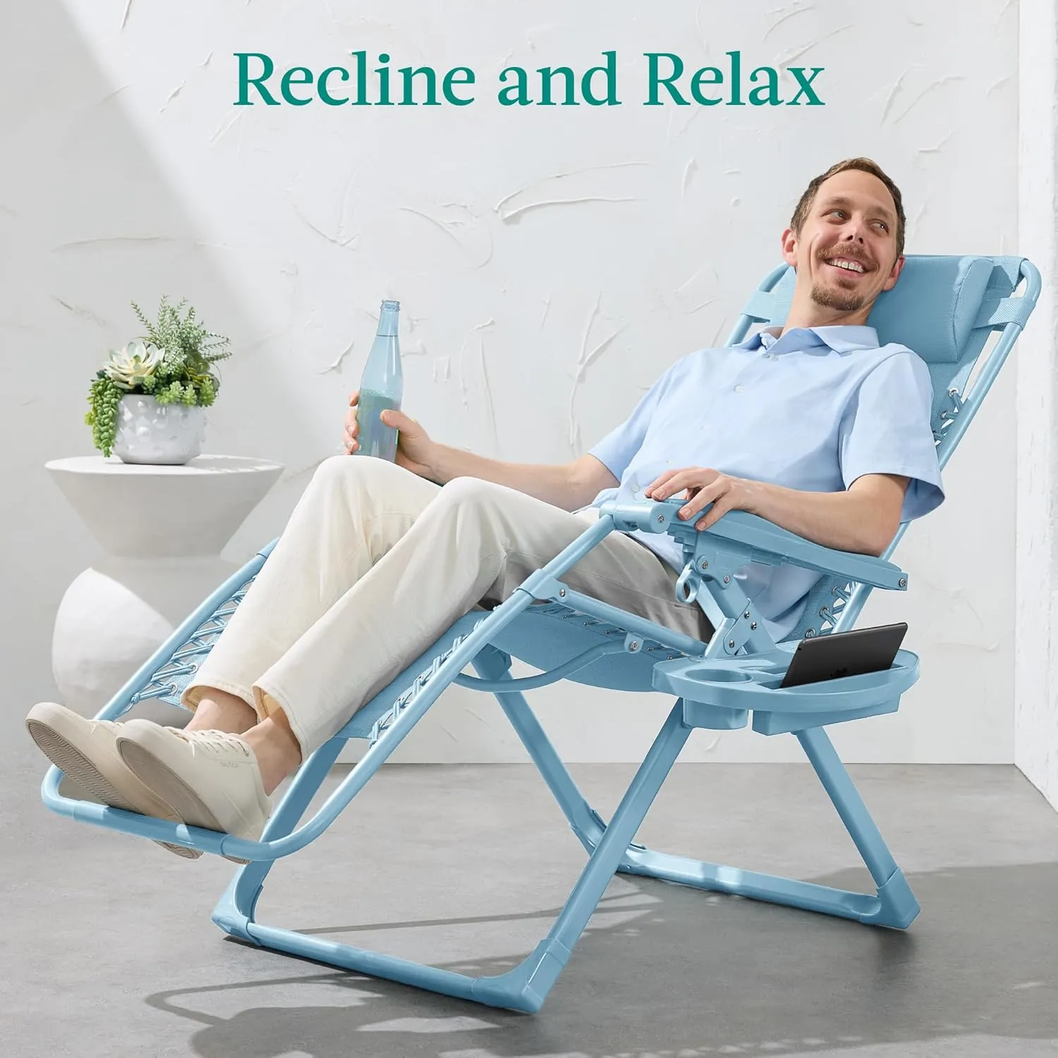 Best Choice Products Adjustable Zero Gravity Chair, Monochromatic Color Folding Patio Recliner w/Side Tray, Headrest - Sky