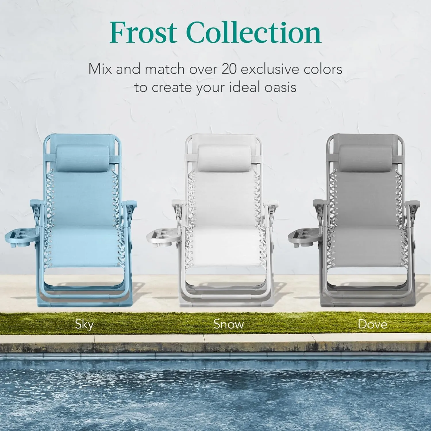 Best Choice Products Adjustable Zero Gravity Chair, Monochromatic Color Folding Patio Recliner w/Side Tray, Headrest - Sky