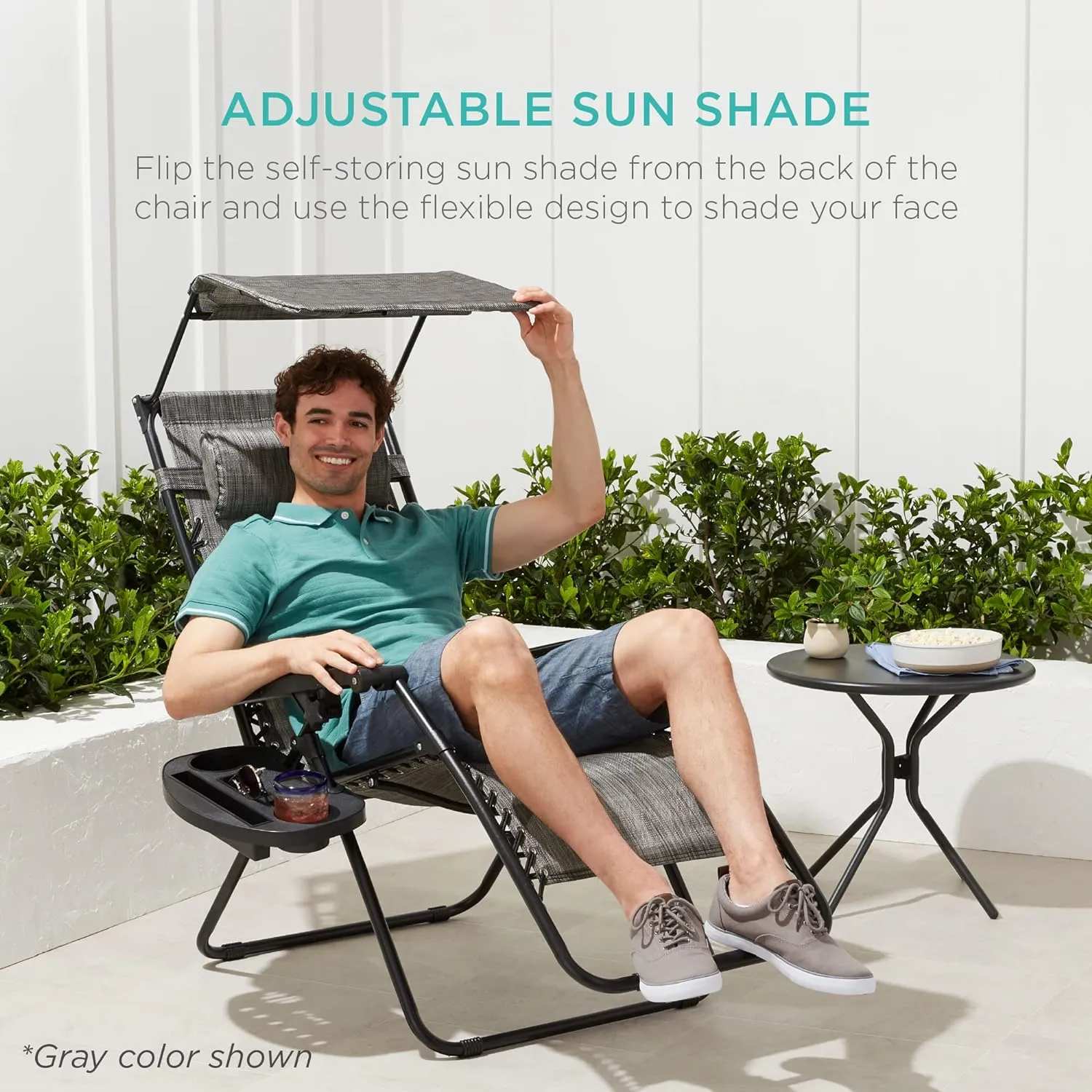 Best Choice Products Folding Zero Gravity Outdoor Recliner Patio Lounge Chair w/Adjustable Canopy Shade, Headrest, Side Accessory Tray, Textilene Mesh - Ice Gray
