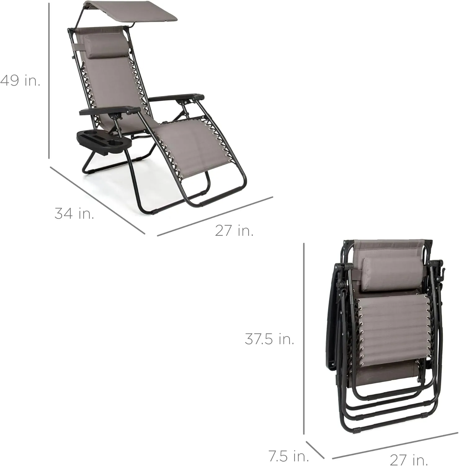 Best Choice Products Folding Zero Gravity Outdoor Recliner Patio Lounge Chair w/Adjustable Canopy Shade, Headrest, Side Accessory Tray, Textilene Mesh - Ice Gray