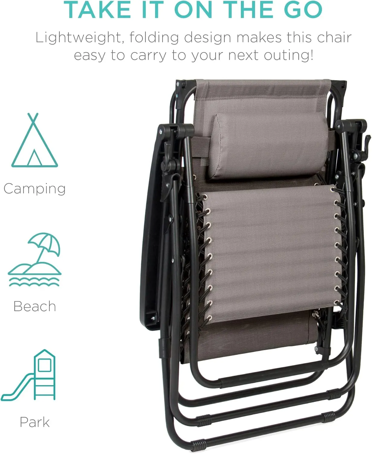 Best Choice Products Folding Zero Gravity Outdoor Recliner Patio Lounge Chair w/Adjustable Canopy Shade, Headrest, Side Accessory Tray, Textilene Mesh - Ice Gray