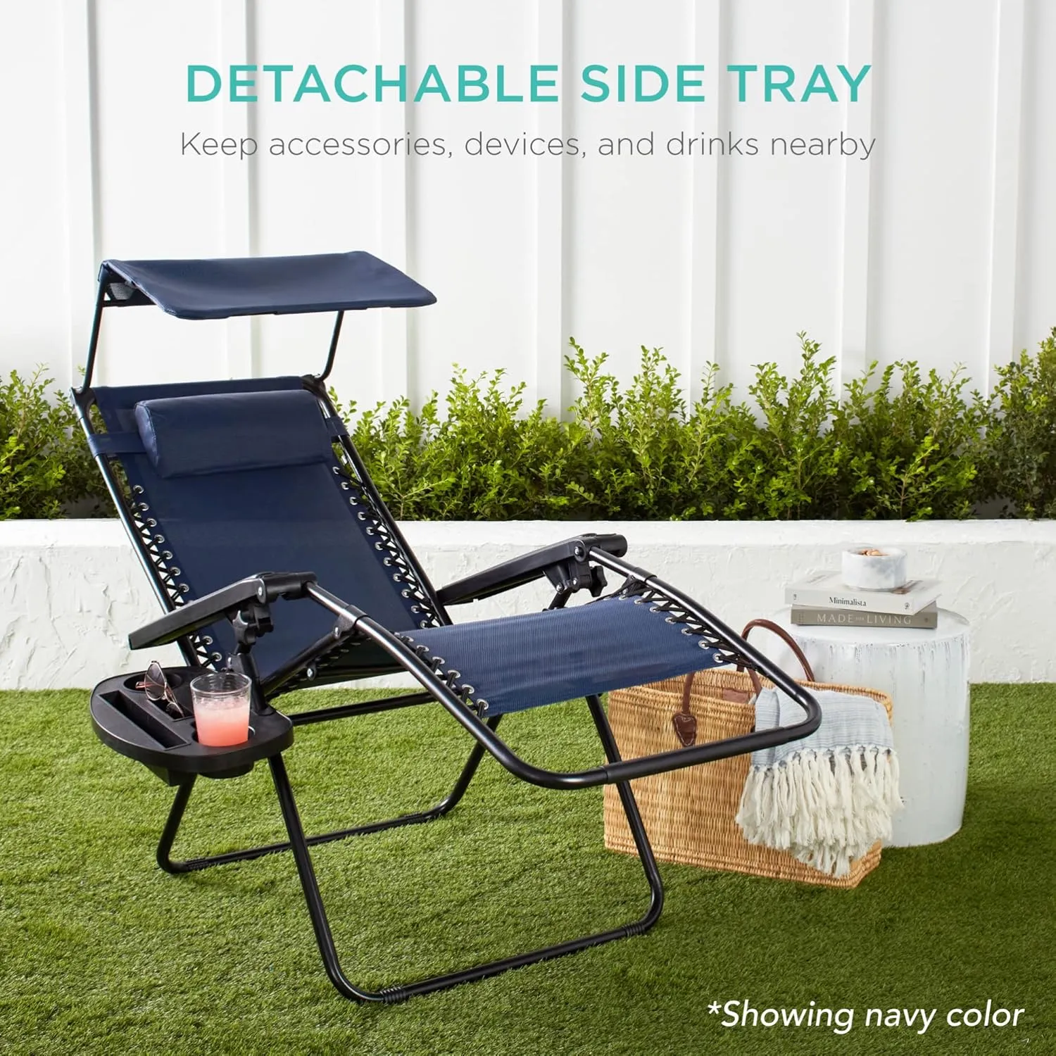 Best Choice Products Folding Zero Gravity Outdoor Recliner Patio Lounge Chair w/Adjustable Canopy Shade, Headrest, Side Accessory Tray, Textilene Mesh - Ice Gray