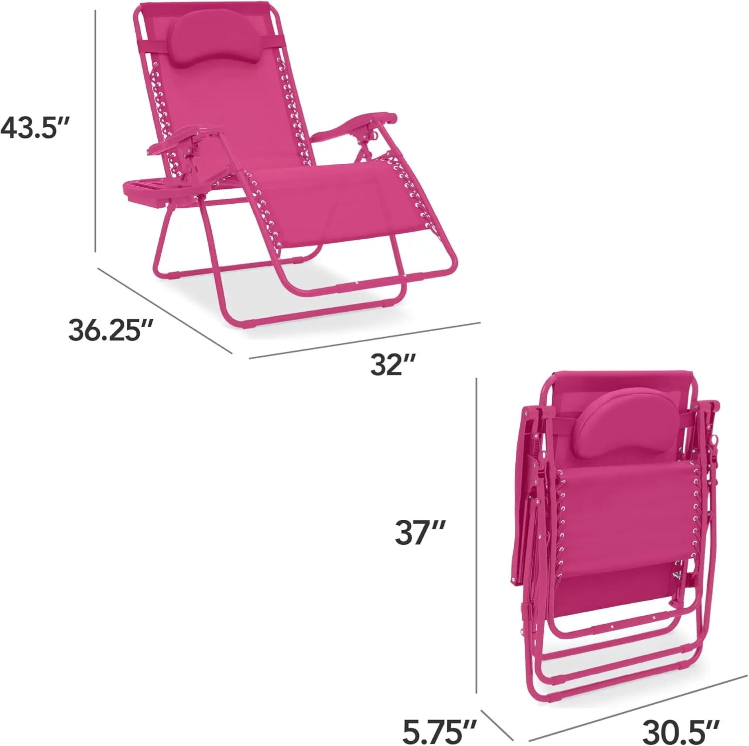 Best Choice Products Oversized Zero Gravity Chair, Folding Outdoor Patio Lounge Recliner w/Cup Holder Accessory Tray, Pillow - Hot Pink