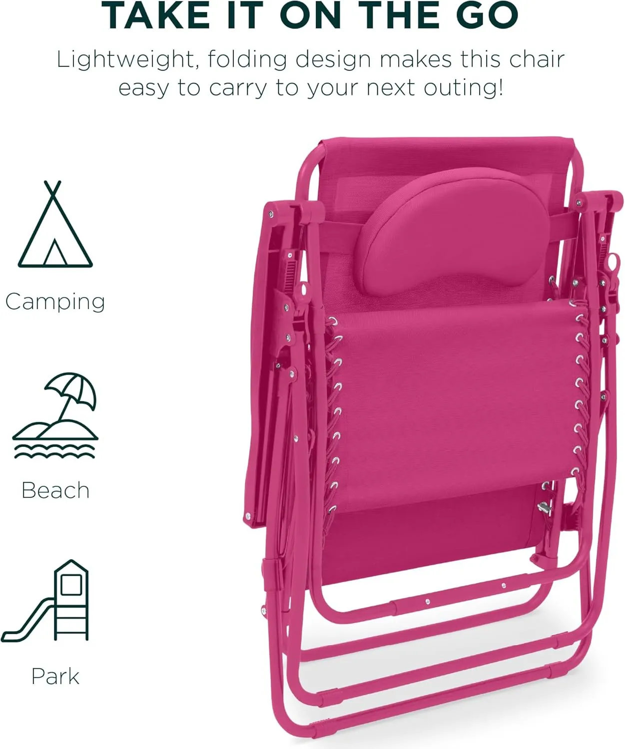 Best Choice Products Oversized Zero Gravity Chair, Folding Outdoor Patio Lounge Recliner w/Cup Holder Accessory Tray, Pillow - Hot Pink