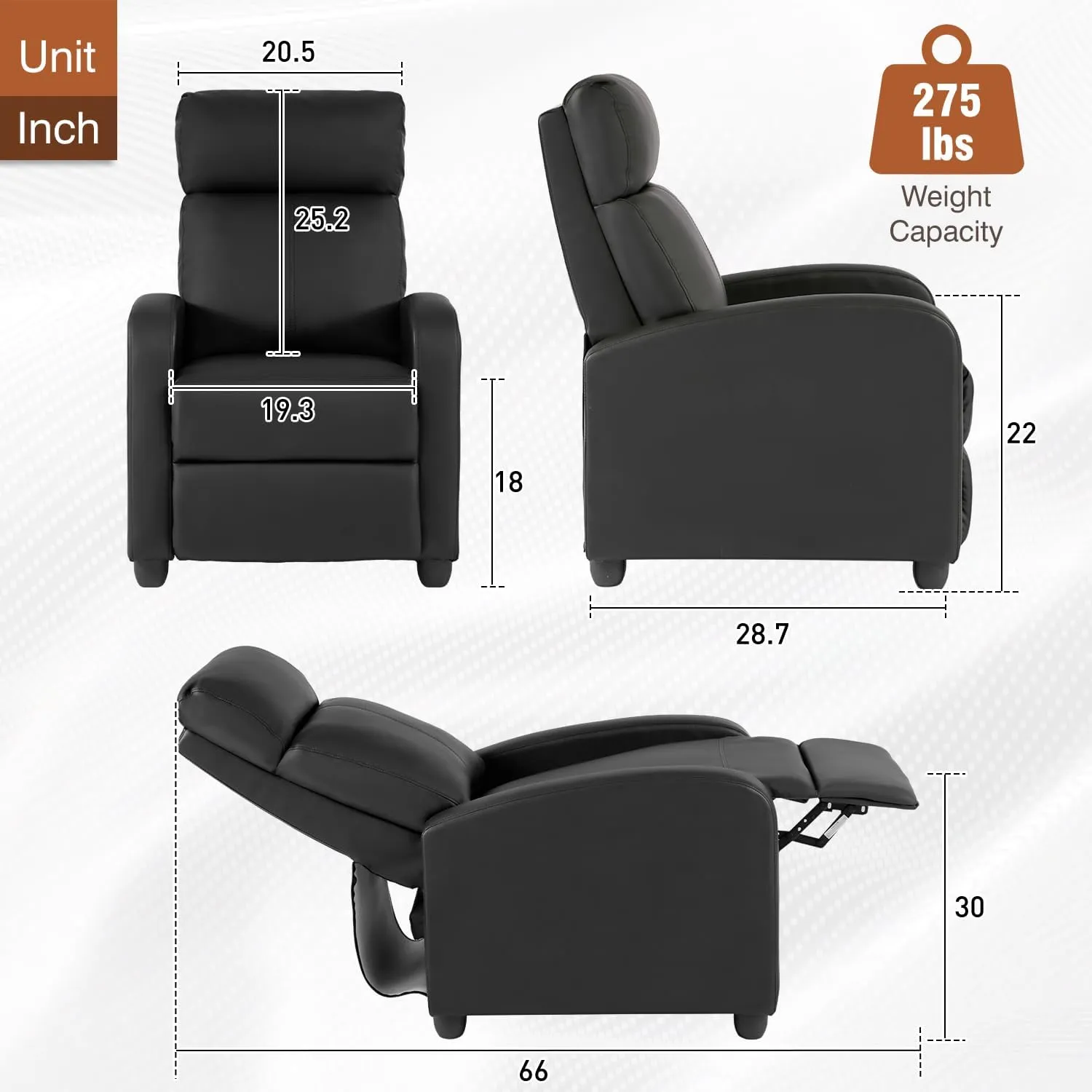 BestMassage Recliner Chair for Living Room Modern Wingback Sofa Home Theater Seating Push Back Reclining Chair with Lumbar Support (Without Massage, Leather Black)