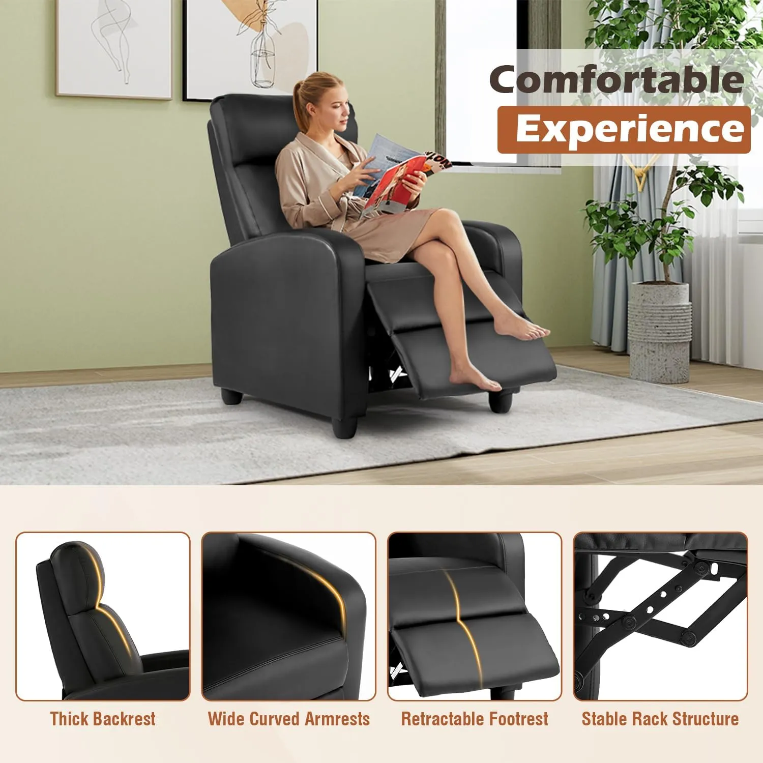 BestMassage Recliner Chair for Living Room Modern Wingback Sofa Home Theater Seating Push Back Reclining Chair with Lumbar Support (Without Massage, Leather Black)