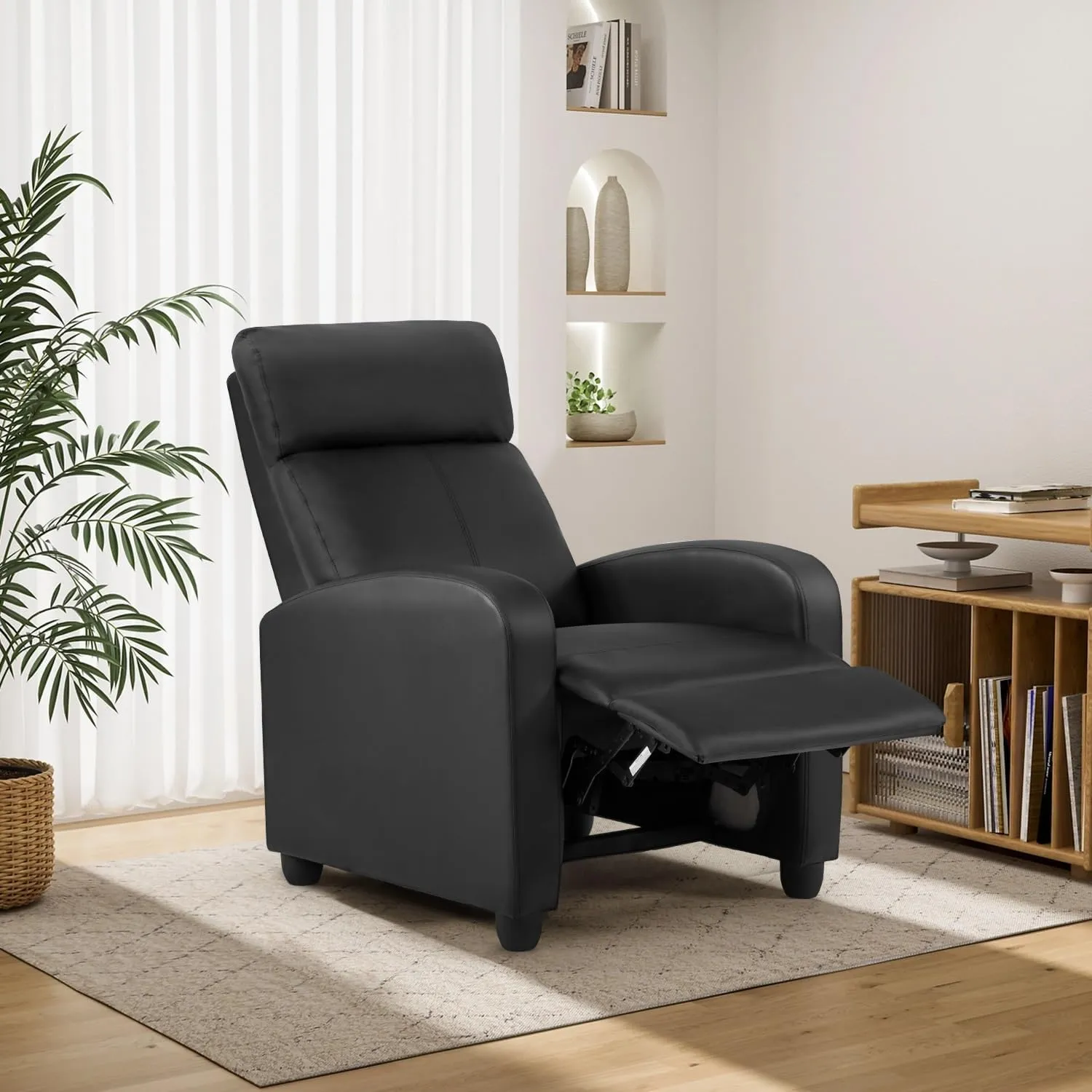 BestMassage Recliner Chair for Living Room Modern Wingback Sofa Home Theater Seating Push Back Reclining Chair with Lumbar Support (Without Massage, Leather Black)