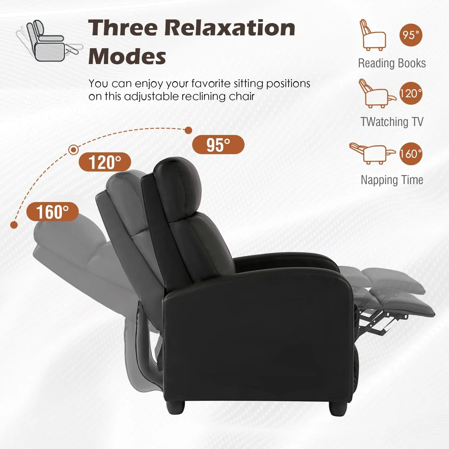 BestMassage Recliner Chair for Living Room Modern Wingback Sofa Home Theater Seating Push Back Reclining Chair with Lumbar Support (Without Massage, Leather Black)