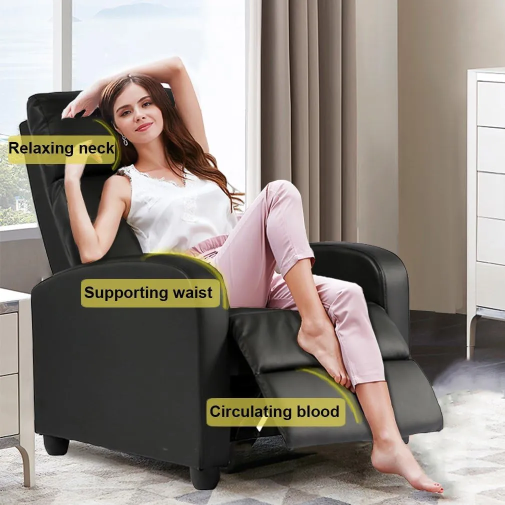 BestMassage Recliner Chair for Living Room Modern Wingback Sofa Home Theater Seating Push Back Reclining Chair with Lumbar Support (Without Massage, Leather Black)