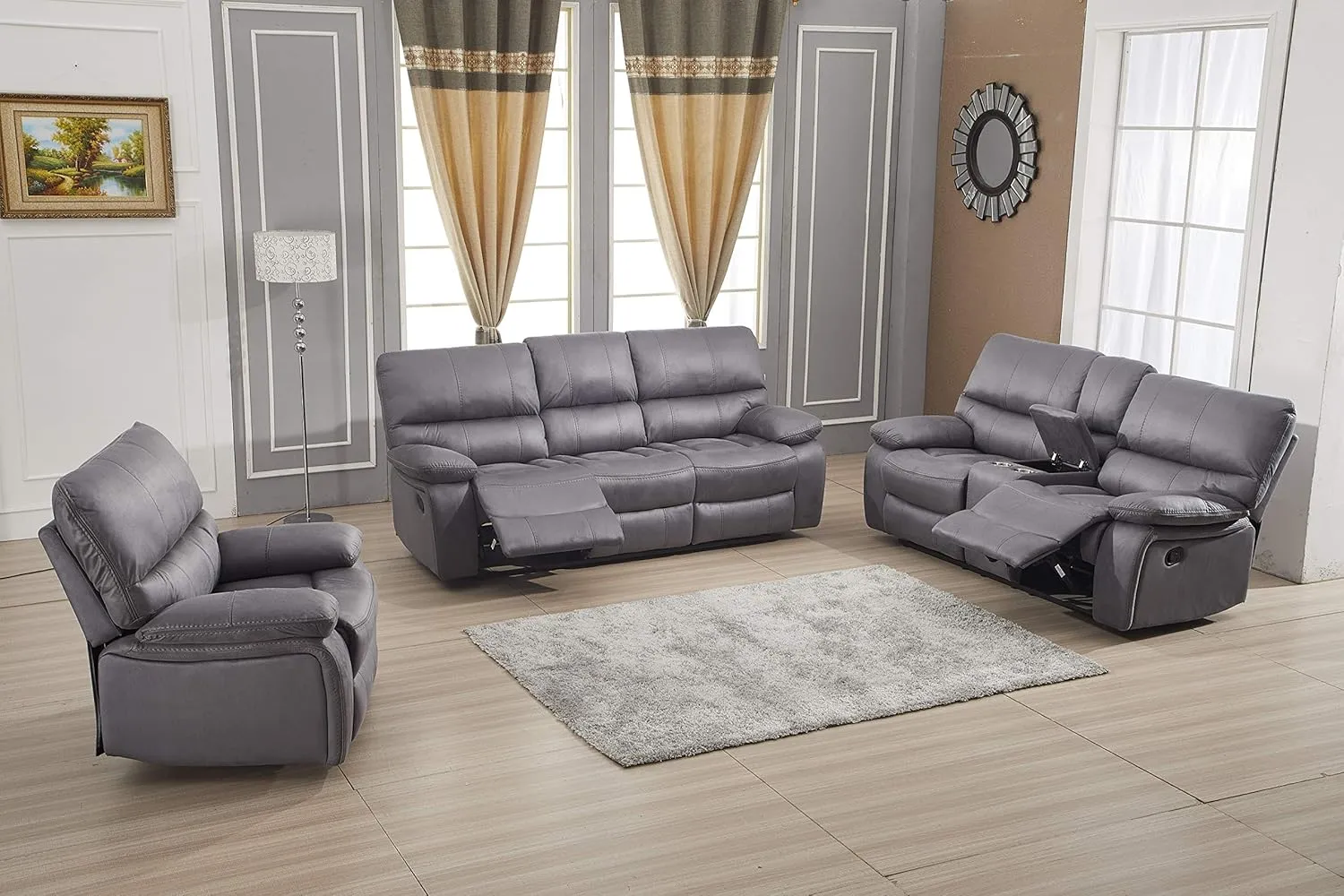 Betsy Furniture Microfiber Reclining Sofa Couch Set Living Room Set 8007 (Grey, Sofa Loveseat Recliner)