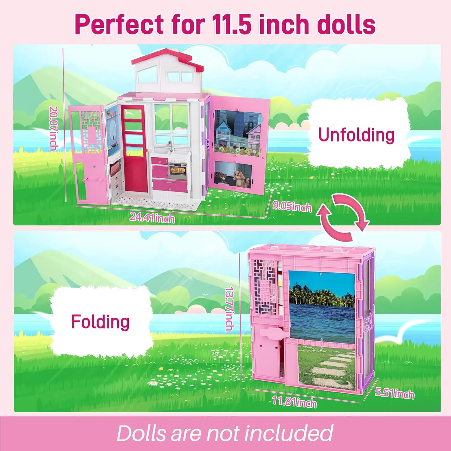 BETTINA Doll House for 11.5-inch Dolls, 2-Story Foldable Dollhouse with Furnitures & Accessories, Playhouse with Pet House, Gifts for Girls Kids Toddlers 3-10 Years Old