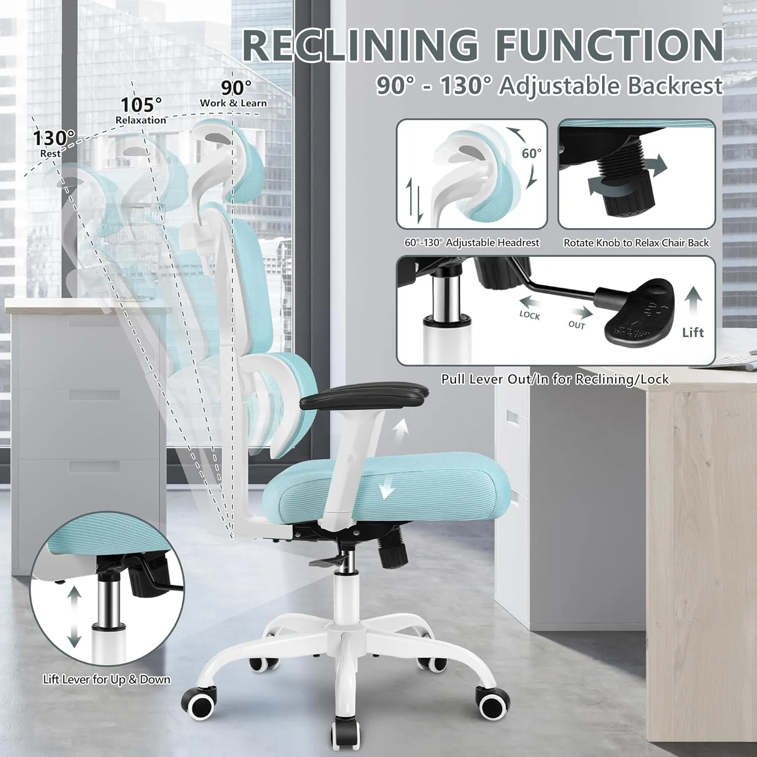 Big & Tall Ergonomic Reclining Desk Chair - High Back Gaming Chair With Breathable Mesh Seat, Lumbar Support, Adjustable Armrests (Blue)
