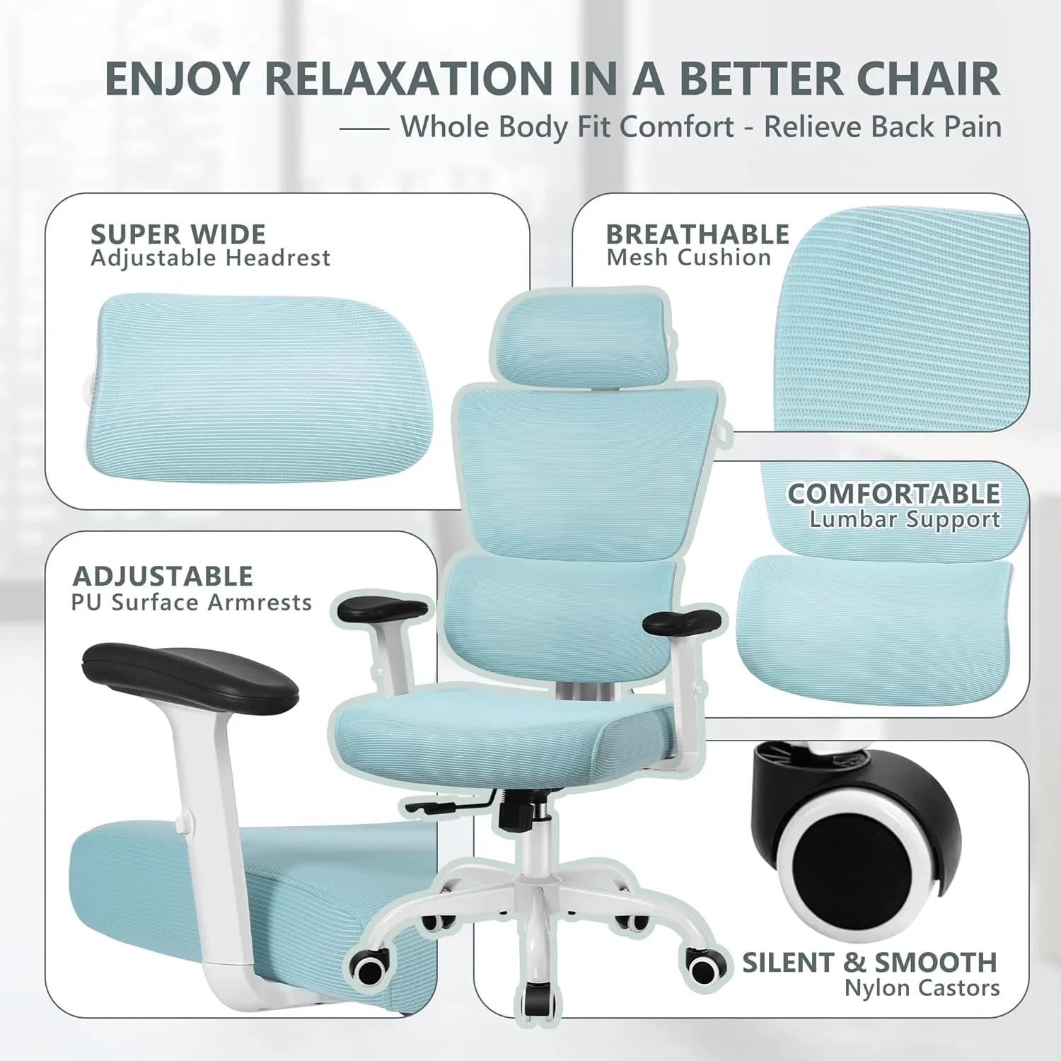 Big & Tall Ergonomic Reclining Desk Chair - High Back Gaming Chair With Breathable Mesh Seat, Lumbar Support, Adjustable Armrests (Blue)