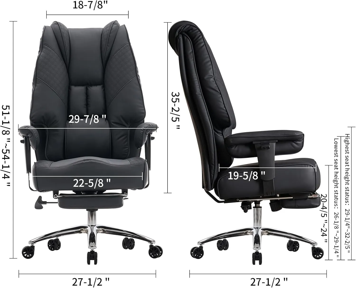 Big and Tall Office Chair 400lbs Wide Seat, Leather High Back Executive Office Chair with Foot Rest, Ergonomic Chairs Lumbar Support for Lower Back Pain Relief (Black)