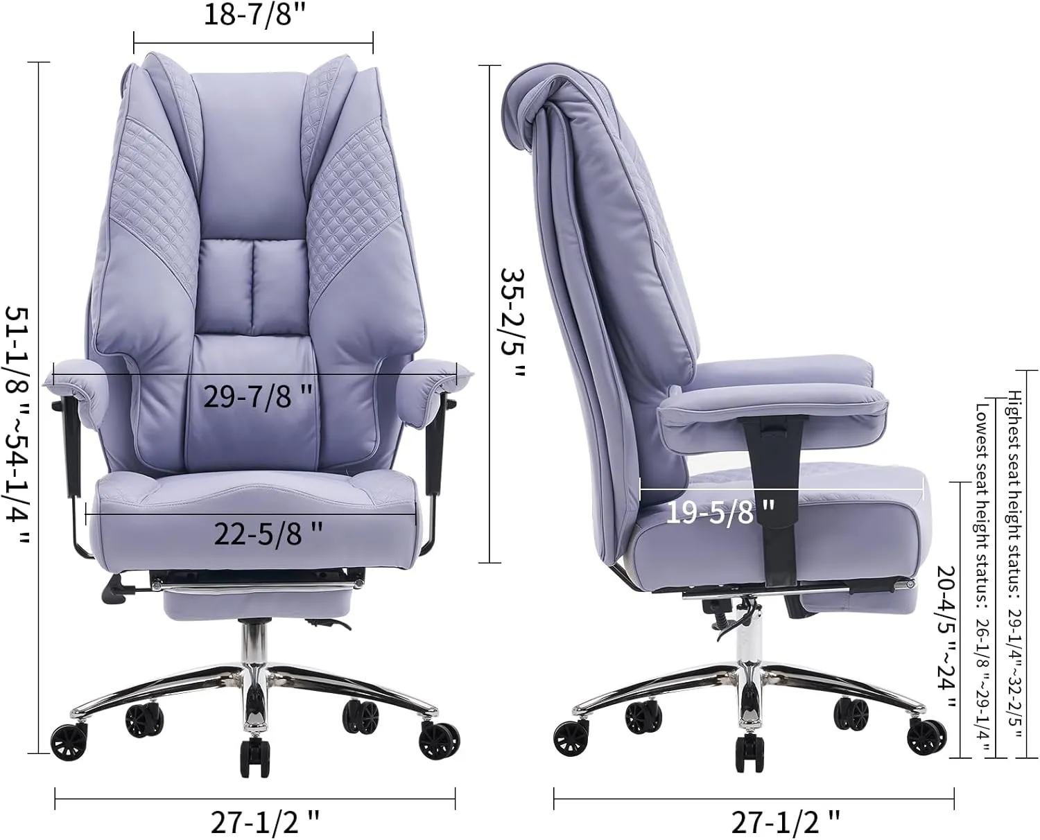 Big and Tall Office Chair 400lbs Wide Seat, Leather High Back Executive Office Chair with Foot Rest, Ergonomic Chairs Lumbar Support for Lower Back Pain Relief (Light Purple)