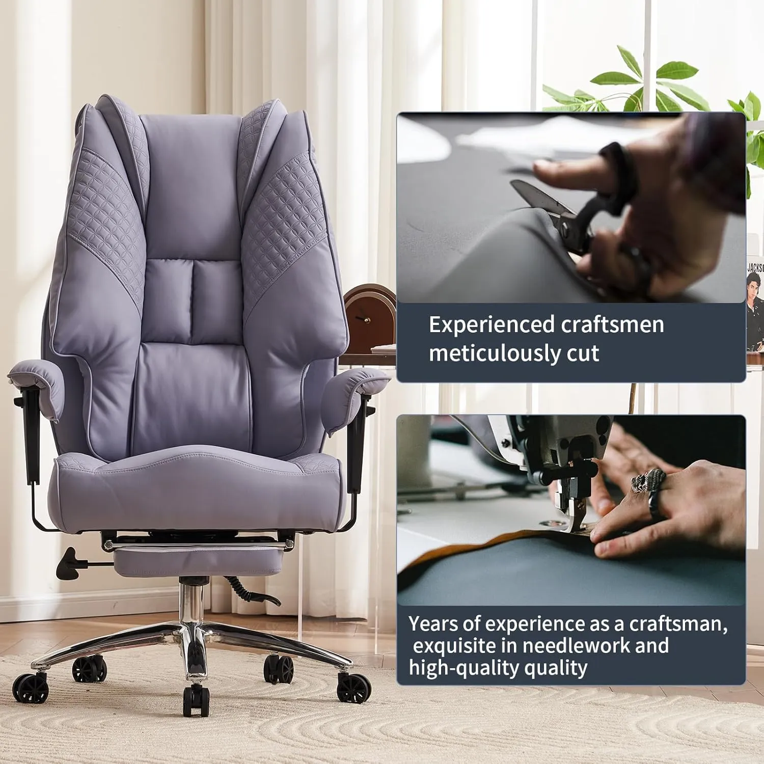 Big and Tall Office Chair 400lbs Wide Seat, Leather High Back Executive Office Chair with Foot Rest, Ergonomic Chairs Lumbar Support for Lower Back Pain Relief (Light Purple)
