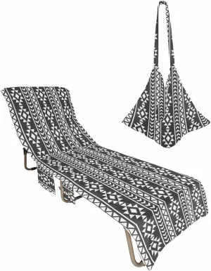 Black Southeastern Beach Pool Patio Lounge Chaise Chair Cover Towel With Pockets,Absorbent & Quick Dry Microfiber Towel Cover Bag Summer Accessories for Sunbathing Boho Native American Tribal