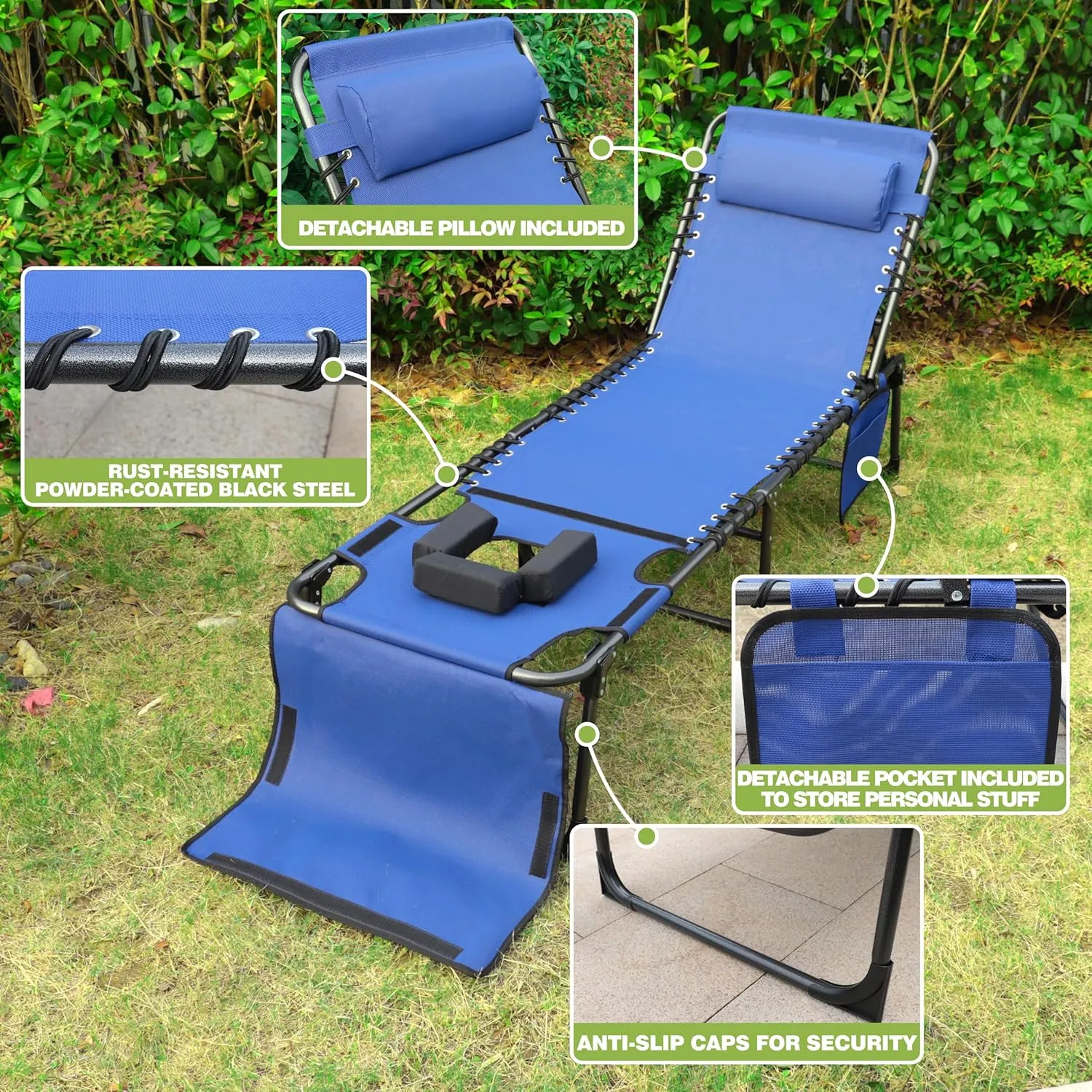 Blue Tanning Chair, Beach Chair with Face Hole with 5-Position Reclining Backrest, Removable Pillow, Storage Bag, Sun Tanning Chairs for Patio, Pool, Camping, Lawn or Deck