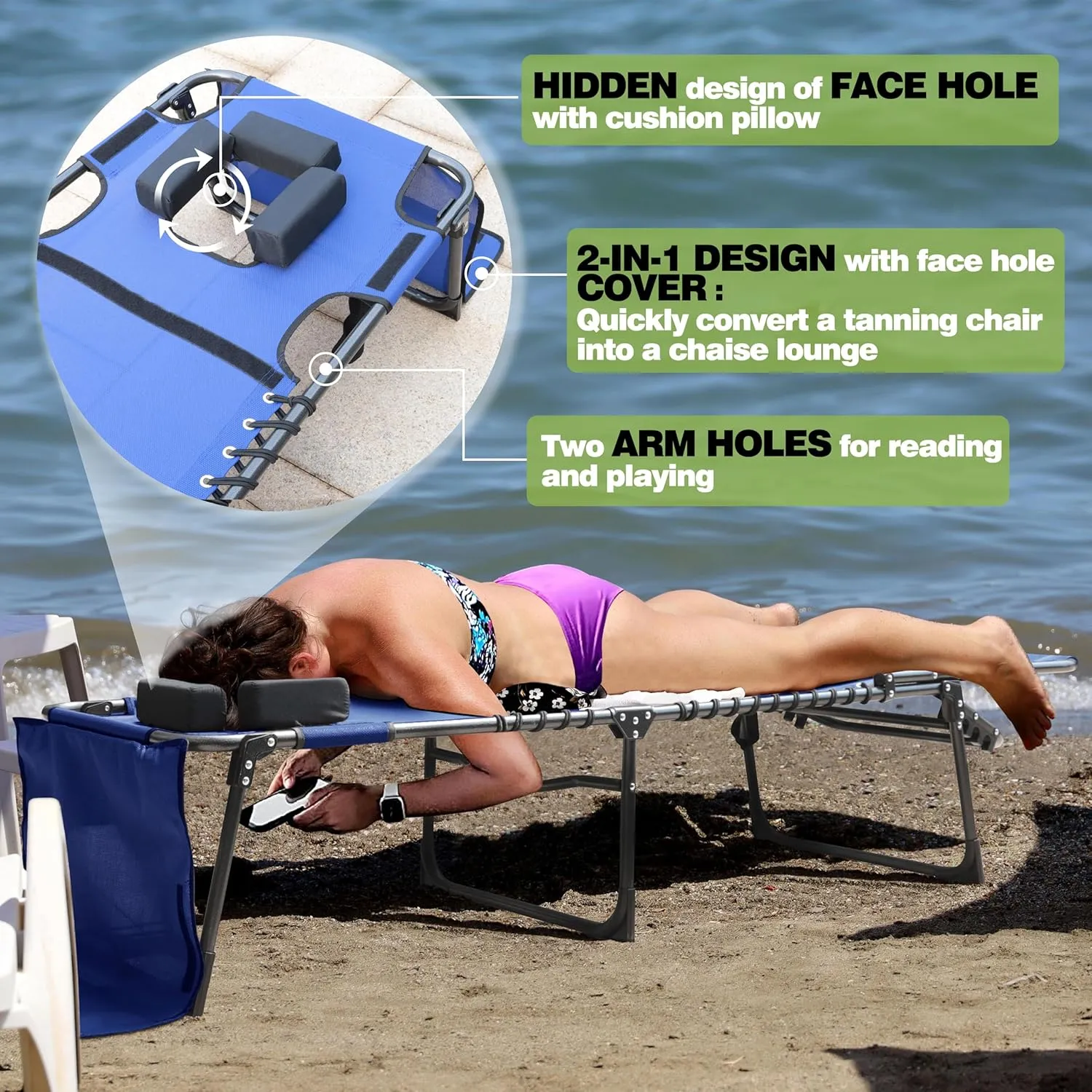 Blue Tanning Chair, Beach Chair with Face Hole with 5-Position Reclining Backrest, Removable Pillow, Storage Bag, Sun Tanning Chairs for Patio, Pool, Camping, Lawn or Deck