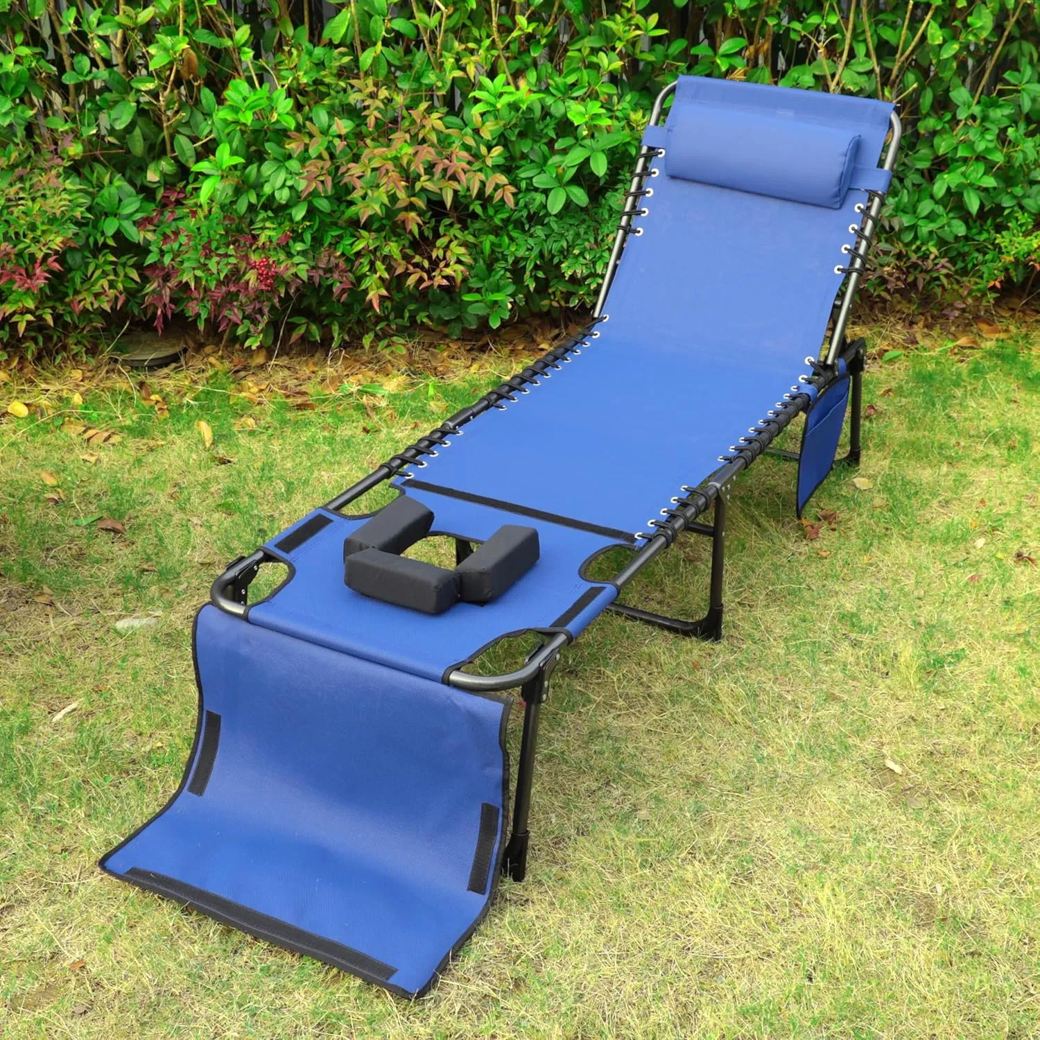 Blue Tanning Chair, Beach Chair with Face Hole with 5-Position Reclining Backrest, Removable Pillow, Storage Bag, Sun Tanning Chairs for Patio, Pool, Camping, Lawn or Deck