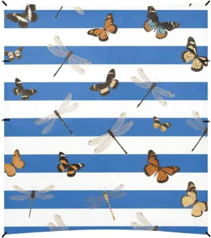 Blue White Striped Butterfly Dragonfly Foldable Beach Canopy UPF50  Protection Water-Resistant Sun Shelter with Sand Shovel for Camping, Picnics, Backyard