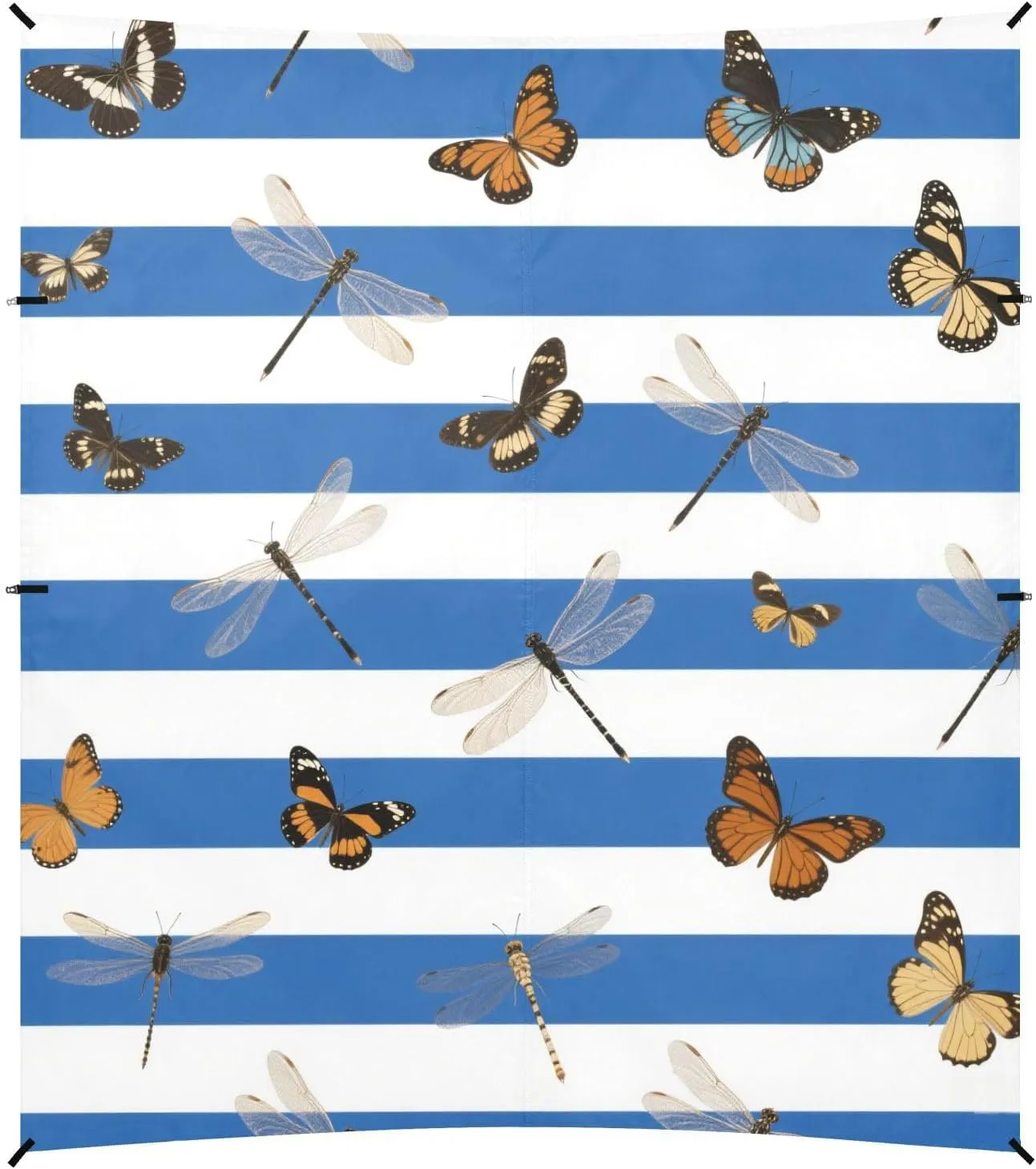 Blue White Striped Butterfly Dragonfly Foldable Beach Canopy UPF50  Protection Water-Resistant Sun Shelter with Sand Shovel for Camping, Picnics, Backyard