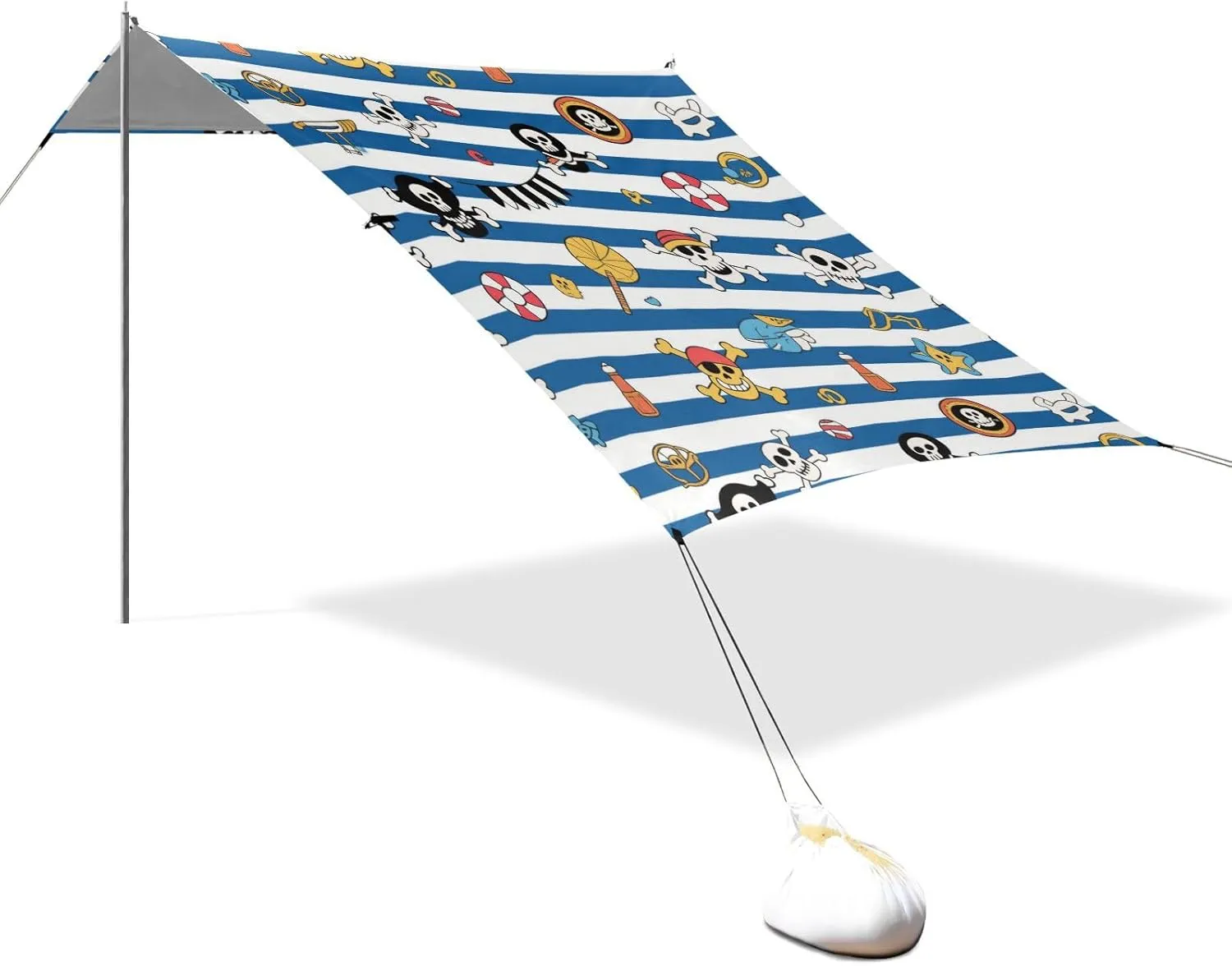 Blue White Striped Coastal Pirate Skull Designed UPF50  Protection Foldable Beach Cabana Waterproof Large Sun Shelter with Sand Shovel, Sandbags for Backyard and Camping carpa para el sol