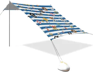 Blue White Striped Coastal Pirate Skull Designed UPF50  Protection Foldable Beach Cabana Waterproof Large Sun Shelter with Sand Shovel, Sandbags for Backyard and Camping carpa para el sol