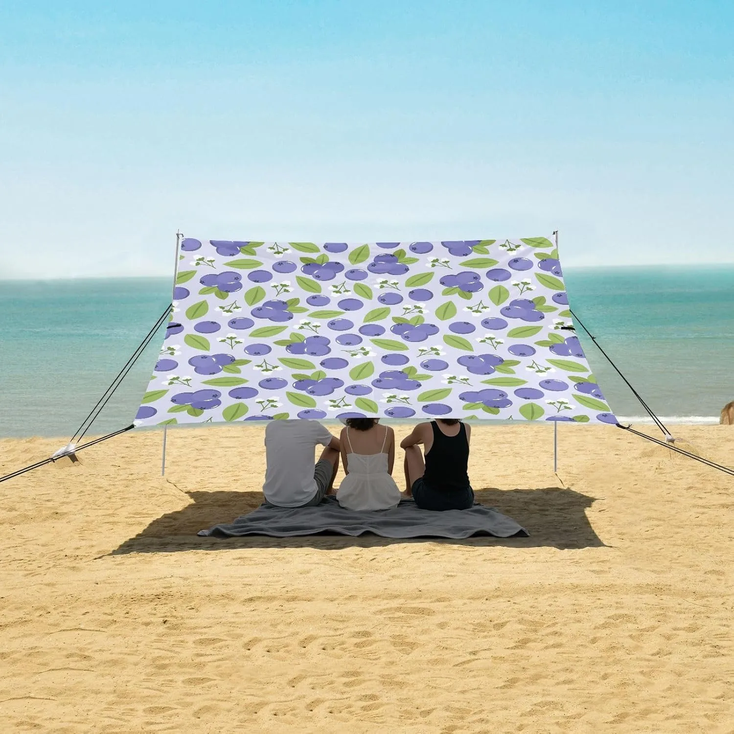 Blueberry Seamless Pattern Beach Canopy Tent Anti-UV & Wind Resistant, Camping Sun Shelter Easy Setup Portable,Outdoor Shade Tents with Sandbags,Sand Shovels,Ground Pegs & Stability Poles