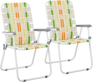 Bonnlo Foldable Patio Chair Set of 2, Heavy-Duty Steel Frame Supports 265 lbs/120 kg, Ultra-Lightweight Portable for Travel Poolside Camping Beach (Green and Yellow Crisscross Weave)