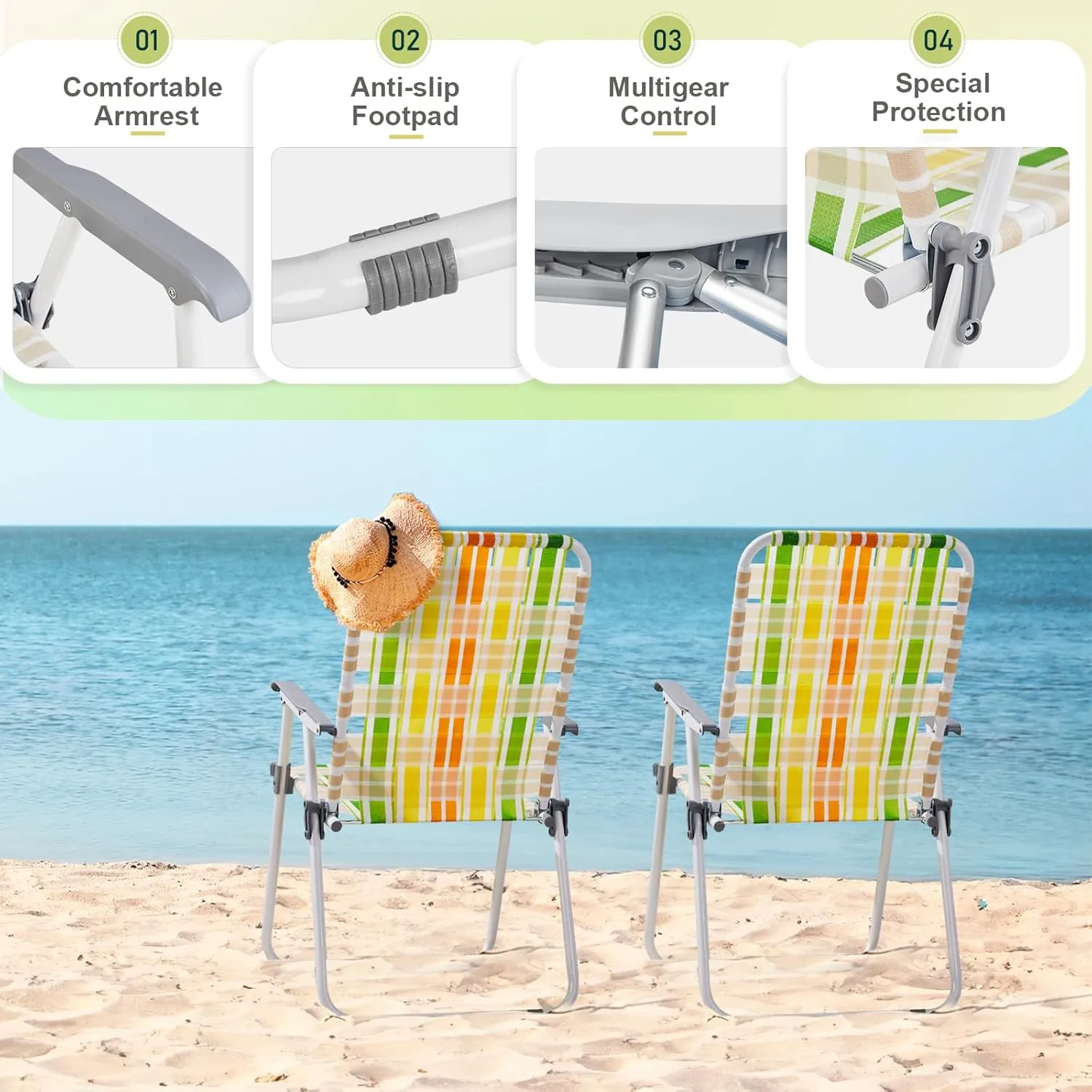 Bonnlo Foldable Patio Chair Set of 2, Heavy-Duty Steel Frame Supports 265 lbs/120 kg, Ultra-Lightweight Portable for Travel Poolside Camping Beach (Green and Yellow Crisscross Weave)