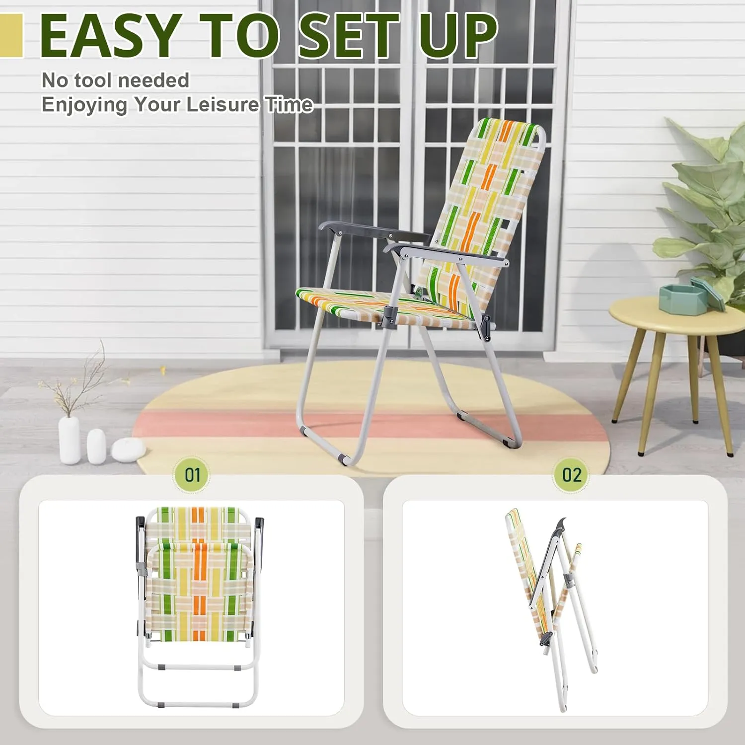 Bonnlo Foldable Patio Chair Set of 2, Heavy-Duty Steel Frame Supports 265 lbs/120 kg, Ultra-Lightweight Portable for Travel Poolside Camping Beach (Green and Yellow Crisscross Weave)