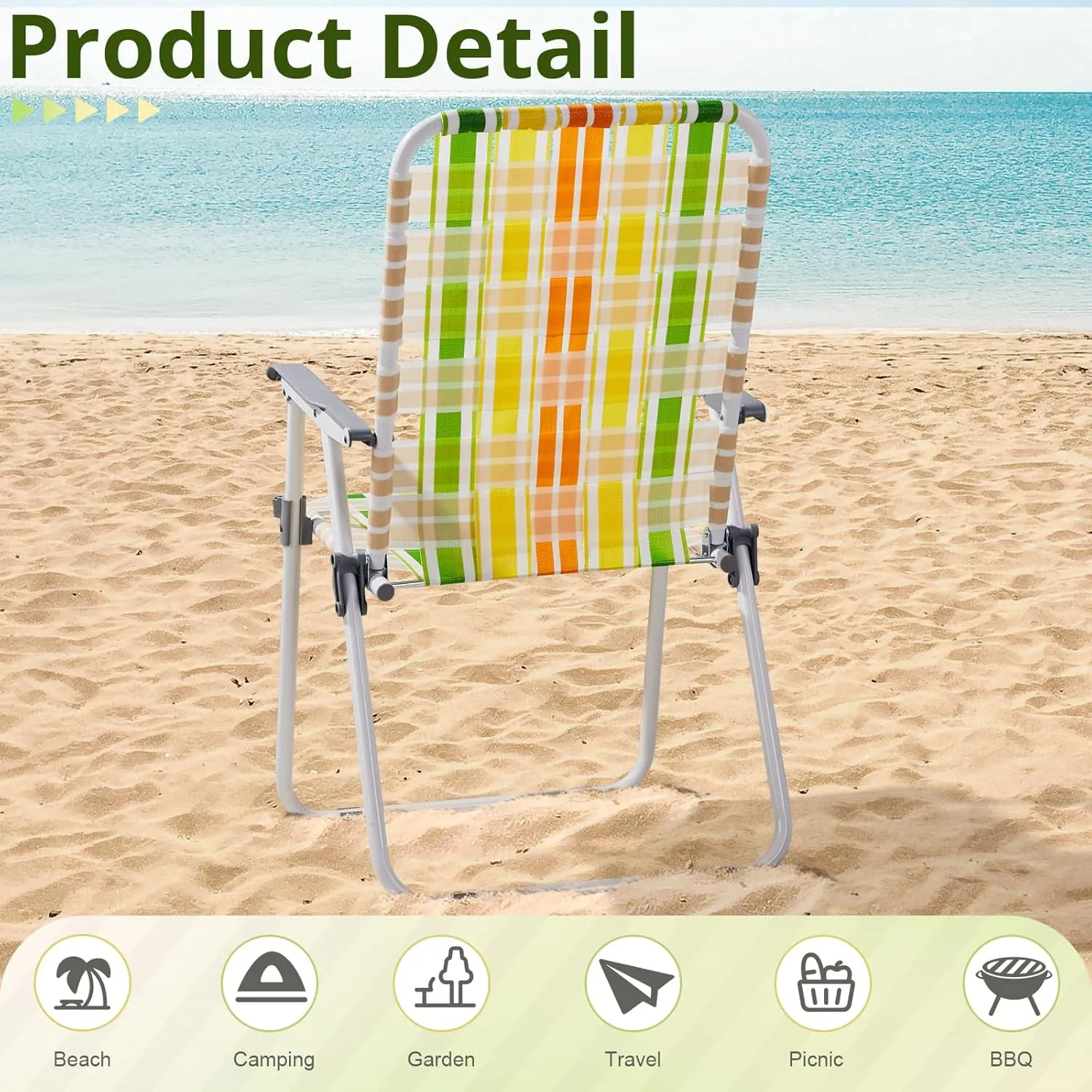 Bonnlo Foldable Patio Chair Set of 2, Heavy-Duty Steel Frame Supports 265 lbs/120 kg, Ultra-Lightweight Portable for Travel Poolside Camping Beach (Green and Yellow Crisscross Weave)